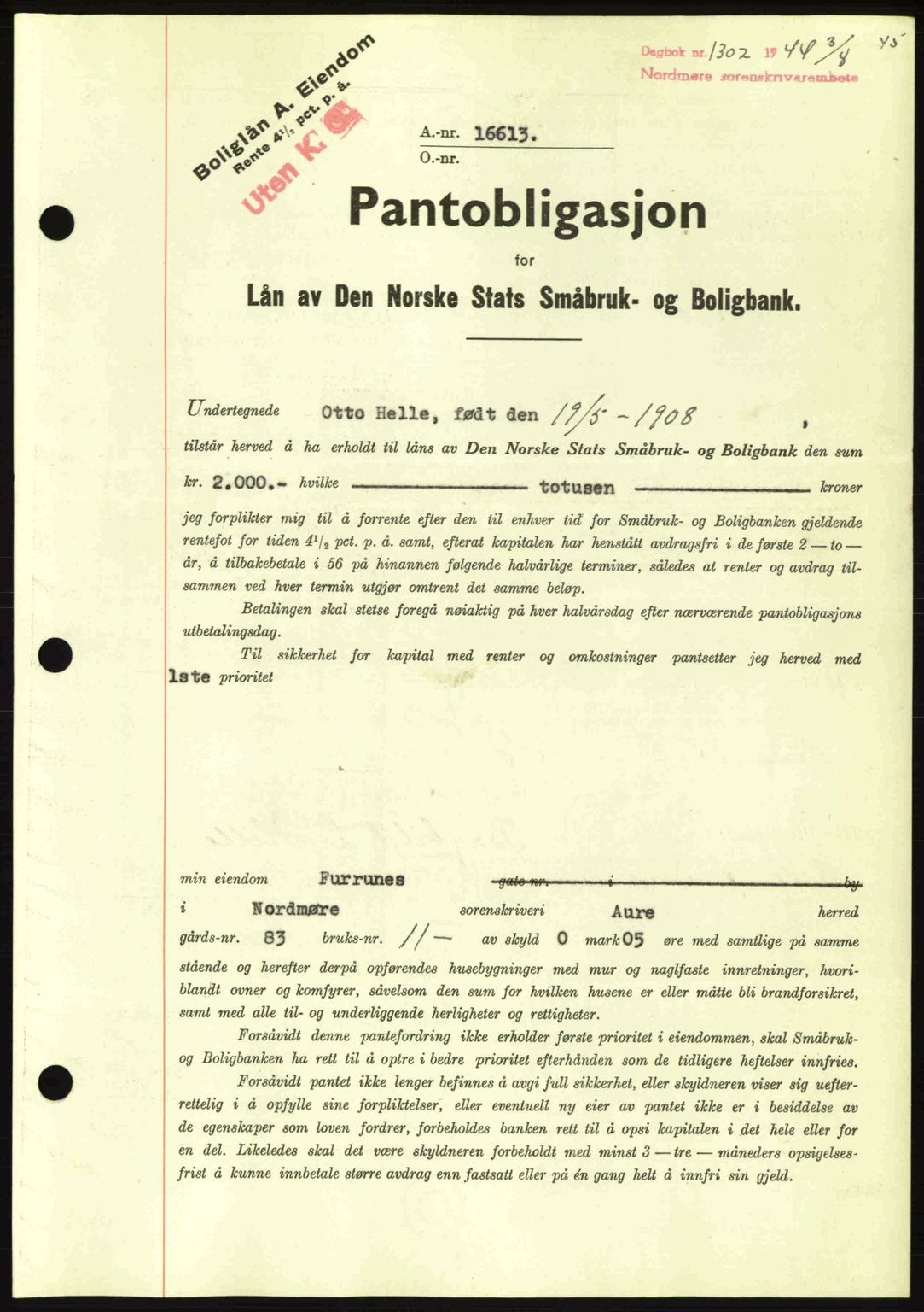 Nordmøre sorenskriveri, AV/SAT-A-4132/1/2/2Ca: Mortgage book no. B92, 1944-1945, Diary no: : 1302/1944