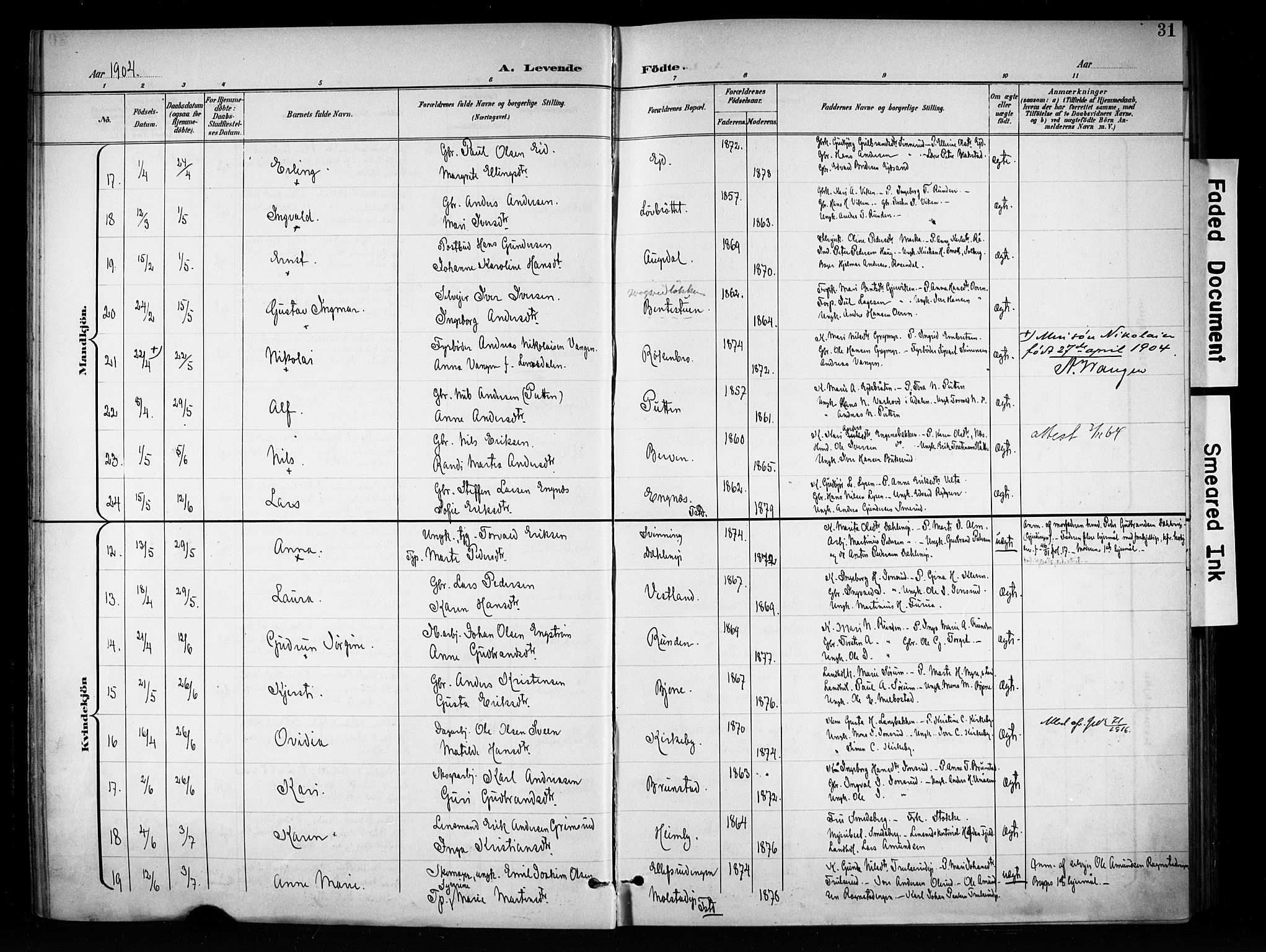 Brandbu prestekontor, SAH/PREST-114/H/Ha/Haa/L0001: Parish register (official) no. 1, 1900-1912, p. 31