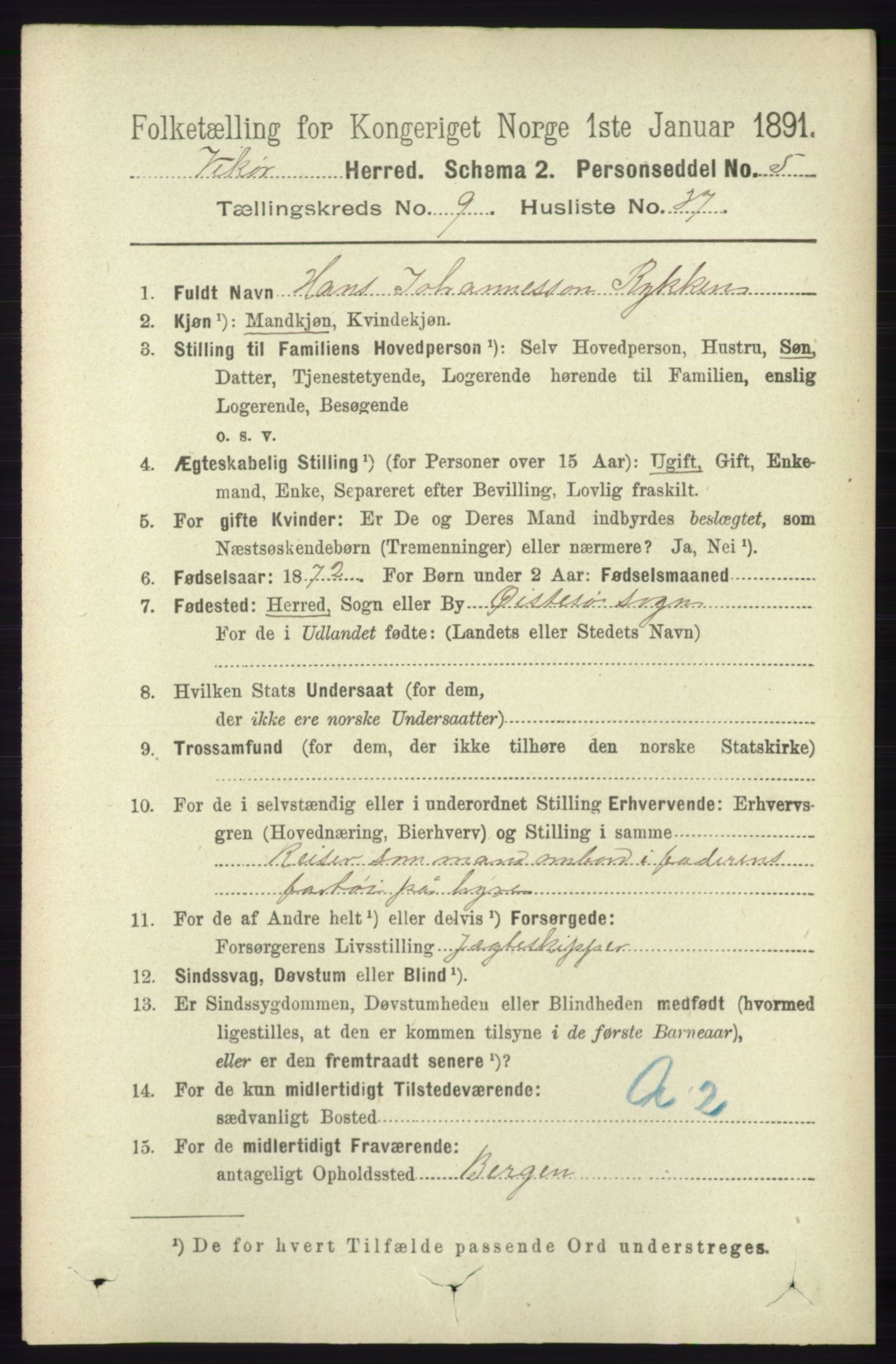 RA, 1891 census for 1238 Vikør, 1891, p. 2895