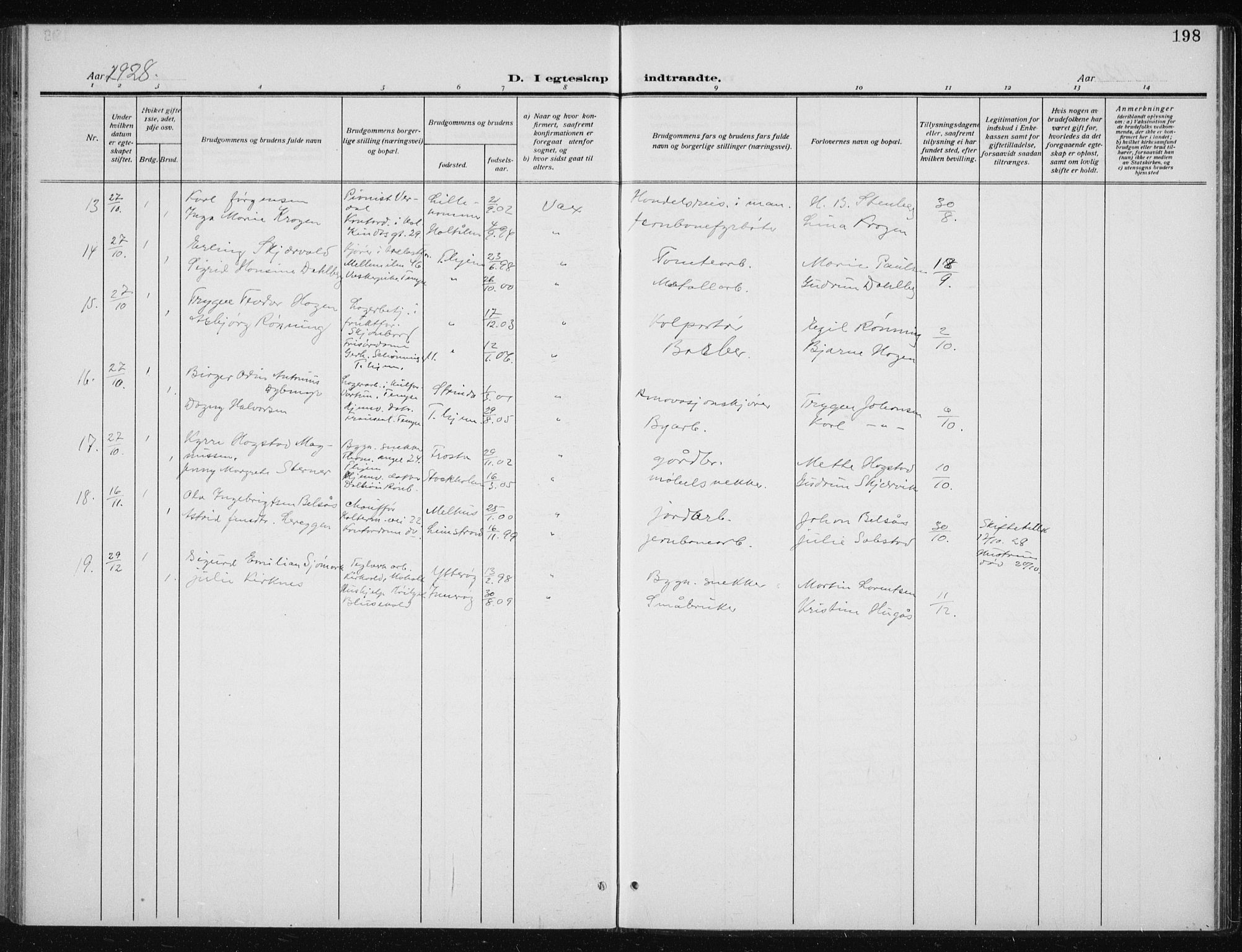 Ministerialprotokoller, klokkerbøker og fødselsregistre - Sør-Trøndelag, SAT/A-1456/606/L0314: Parish register (copy) no. 606C10, 1911-1937, p. 198