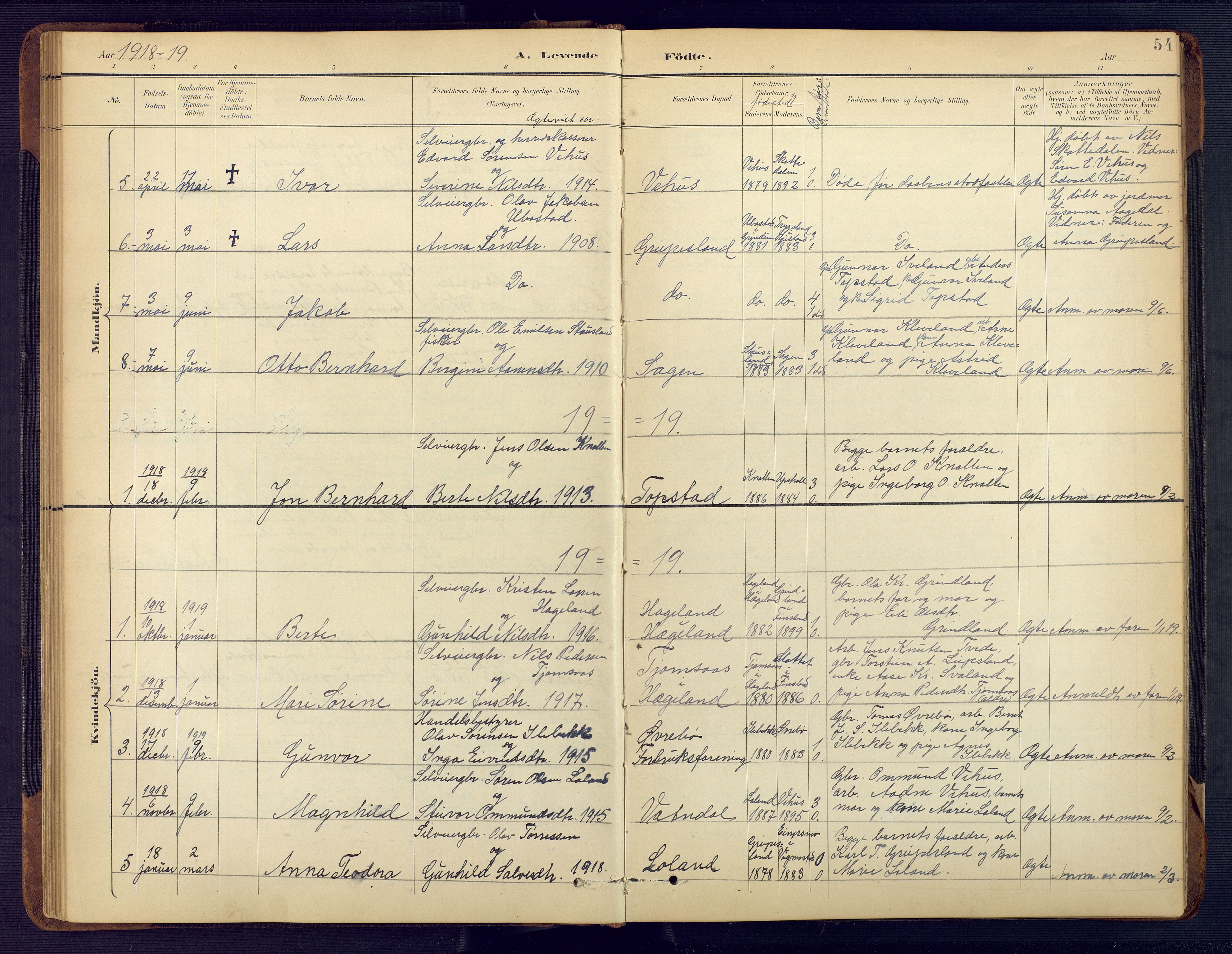 Vennesla sokneprestkontor, SAK/1111-0045/Fb/Fbc/L0003: Parish register (copy) no. B 3, 1895-1946, p. 54