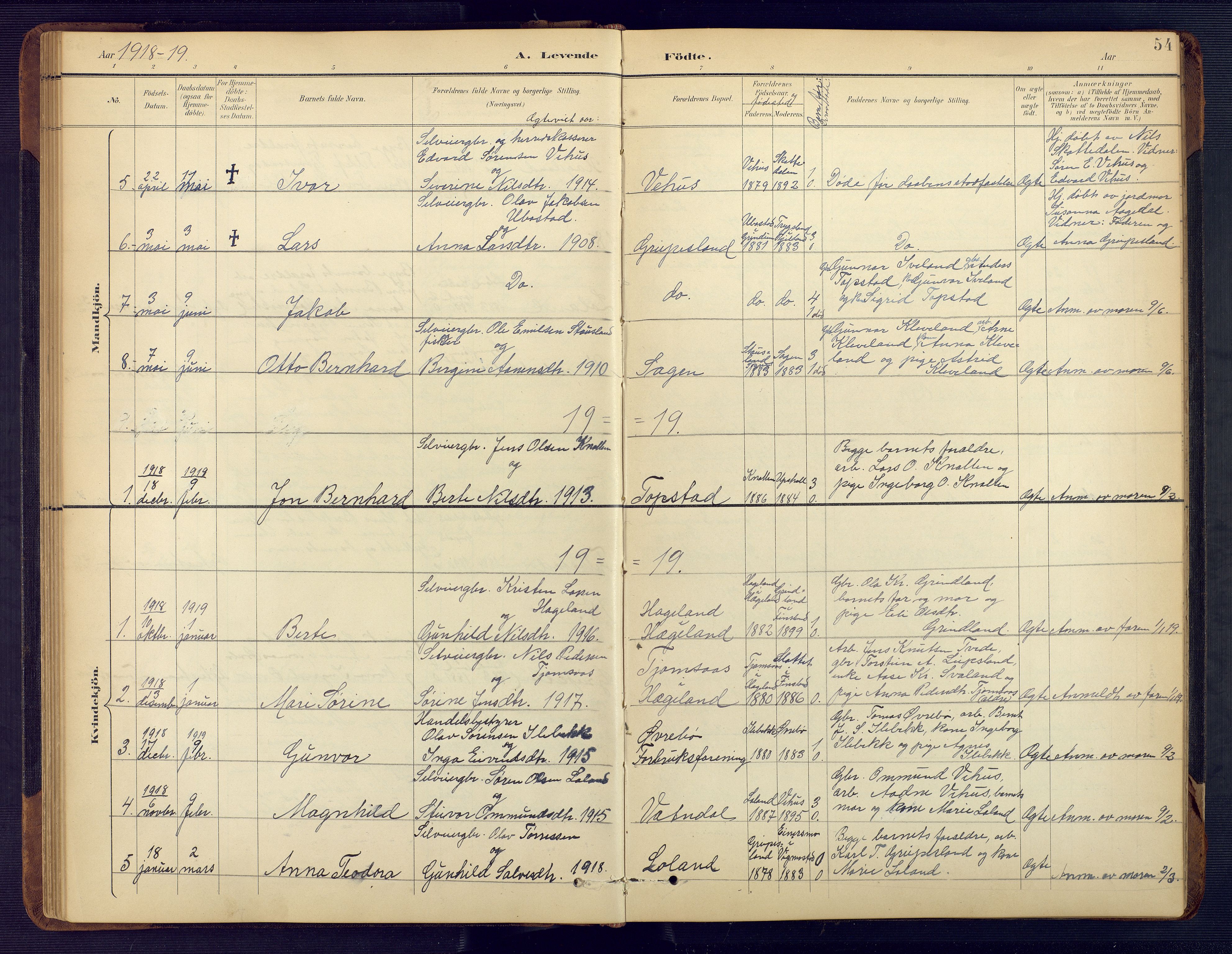 Vennesla sokneprestkontor, AV/SAK-1111-0045/Fb/Fbc/L0003: Parish register (copy) no. B 3, 1895-1946, p. 54