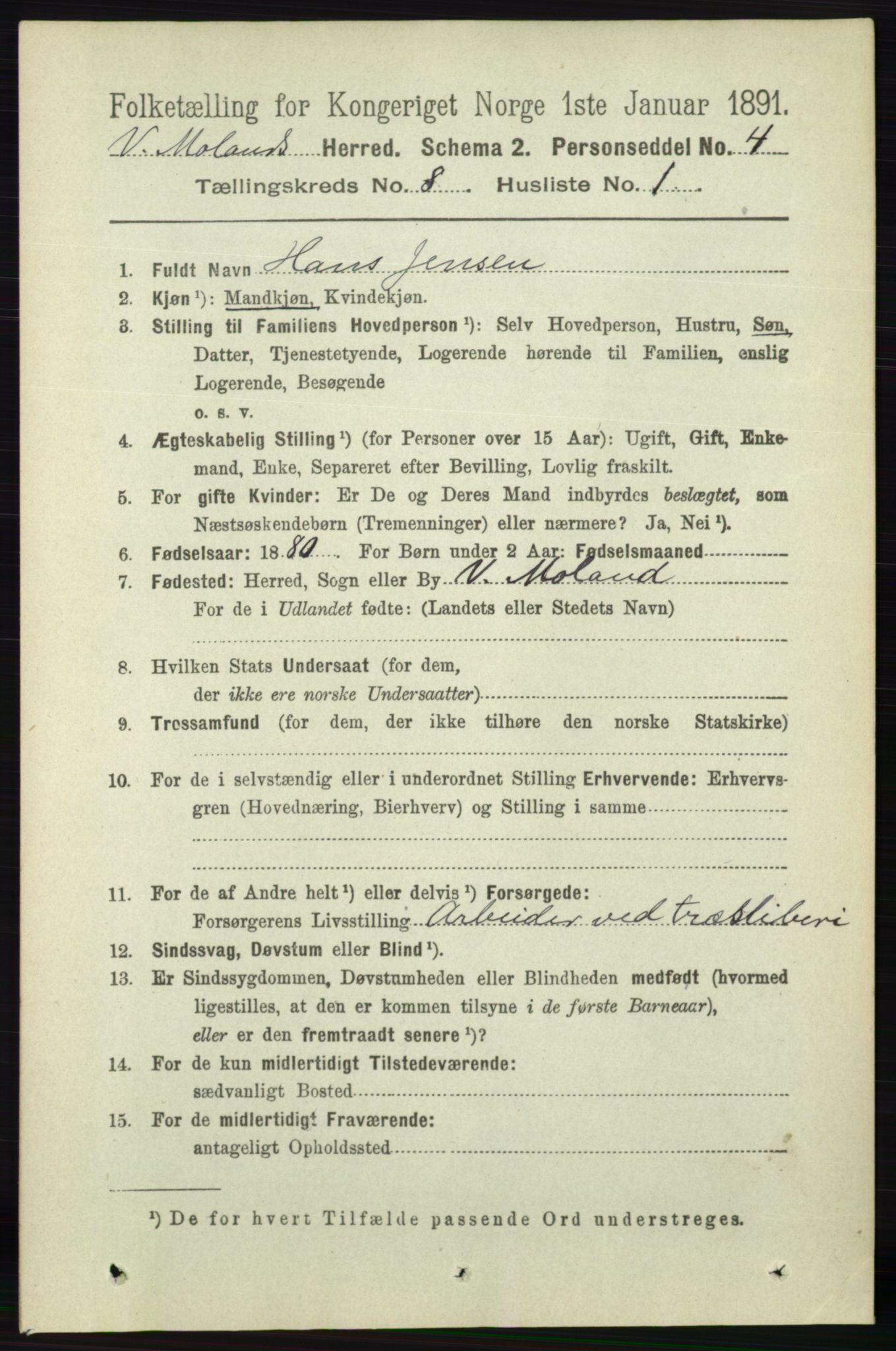 RA, 1891 census for 0926 Vestre Moland, 1891, p. 3001