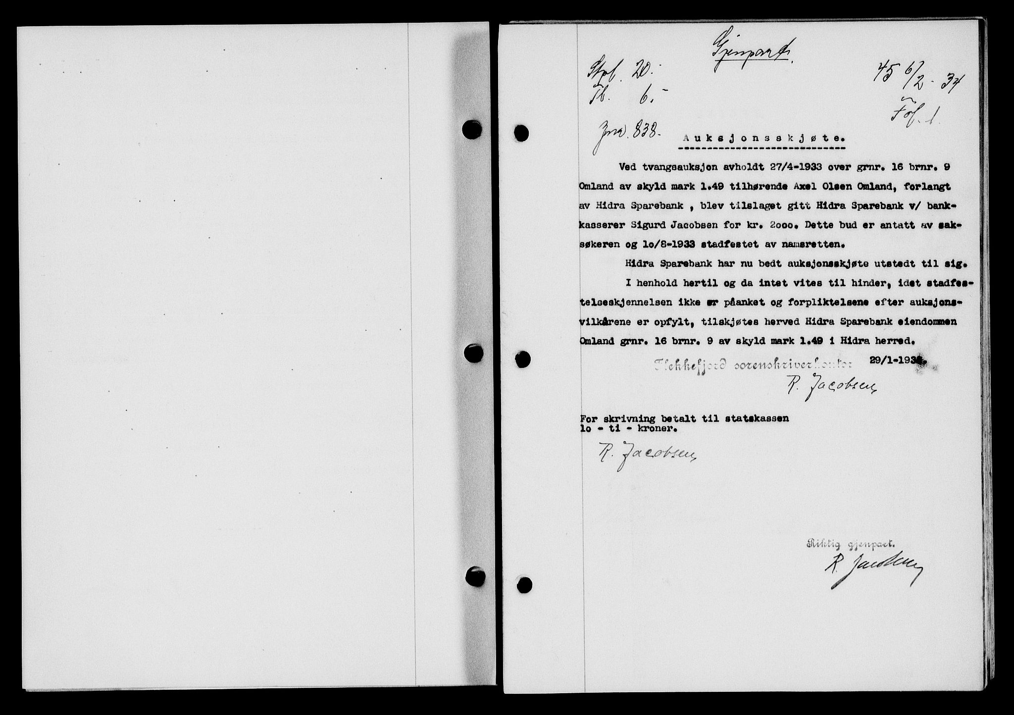 Flekkefjord sorenskriveri, AV/SAK-1221-0001/G/Gb/Gba/L0049: Mortgage book no. 46, 1933-1934, Deed date: 06.02.1934