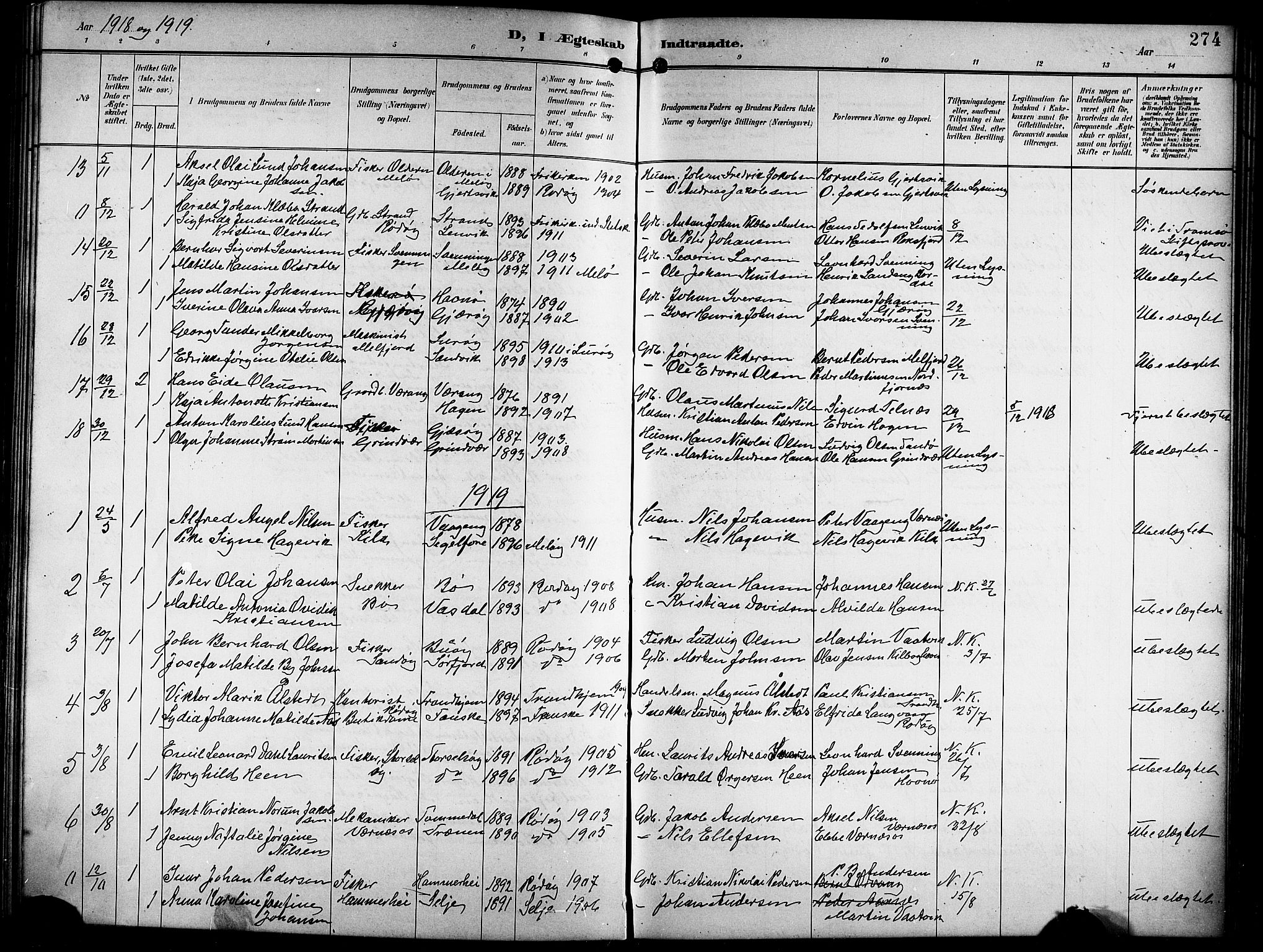 Ministerialprotokoller, klokkerbøker og fødselsregistre - Nordland, SAT/A-1459/841/L0621: Parish register (copy) no. 841C05, 1897-1923, p. 274