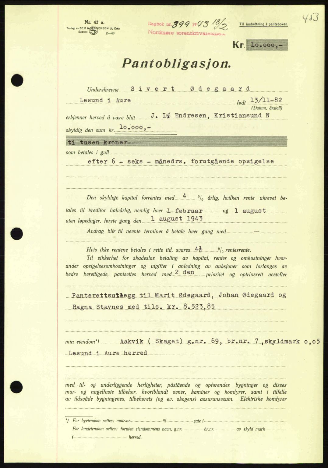 Nordmøre sorenskriveri, AV/SAT-A-4132/1/2/2Ca: Mortgage book no. B90, 1942-1943, Diary no: : 399/1943