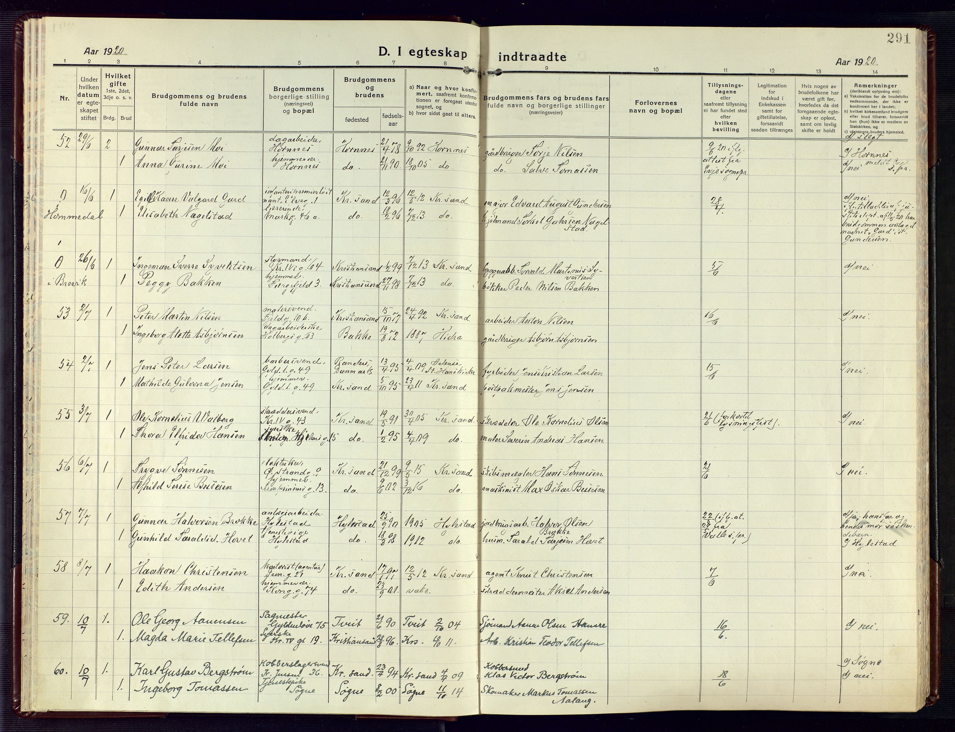 Kristiansand domprosti, AV/SAK-1112-0006/F/Fa/L0028: Parish register (official) no. A 27, 1917-1926, p. 291