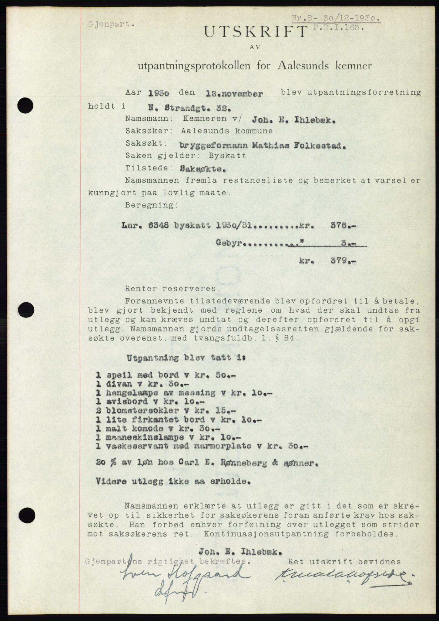 Ålesund byfogd, AV/SAT-A-4384: Mortgage book no. 27, 1930-1931, Deed date: 30.12.1930