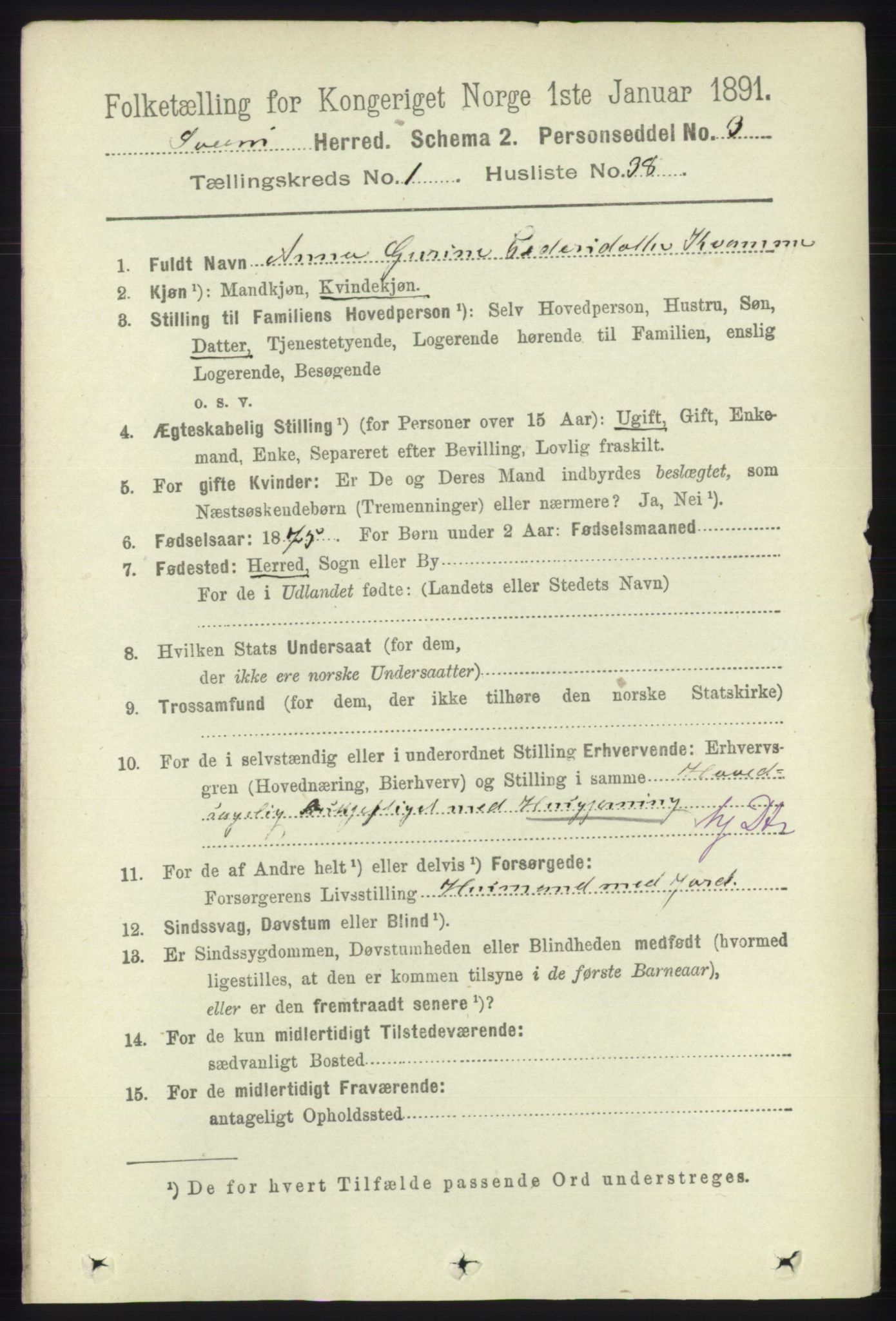 RA, 1891 census for 1216 Sveio, 1891, p. 305