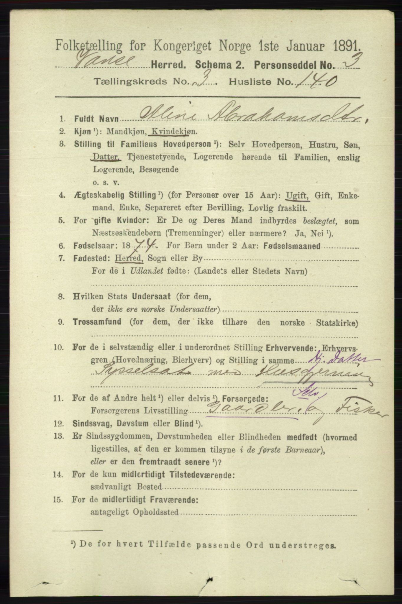 RA, 1891 census for 1041 Vanse, 1891, p. 2032