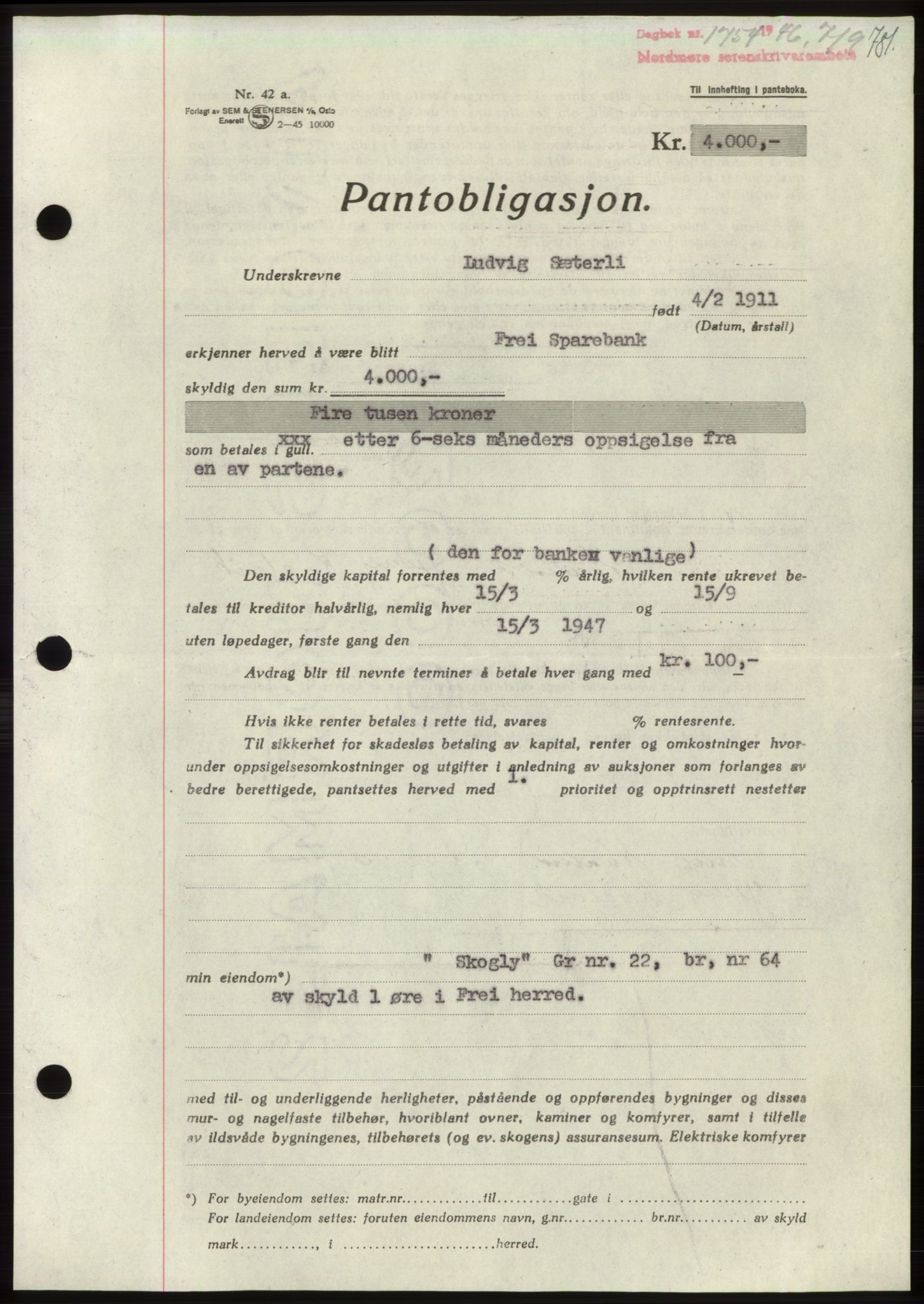 Nordmøre sorenskriveri, AV/SAT-A-4132/1/2/2Ca: Mortgage book no. B94, 1946-1946, Diary no: : 1754/1946