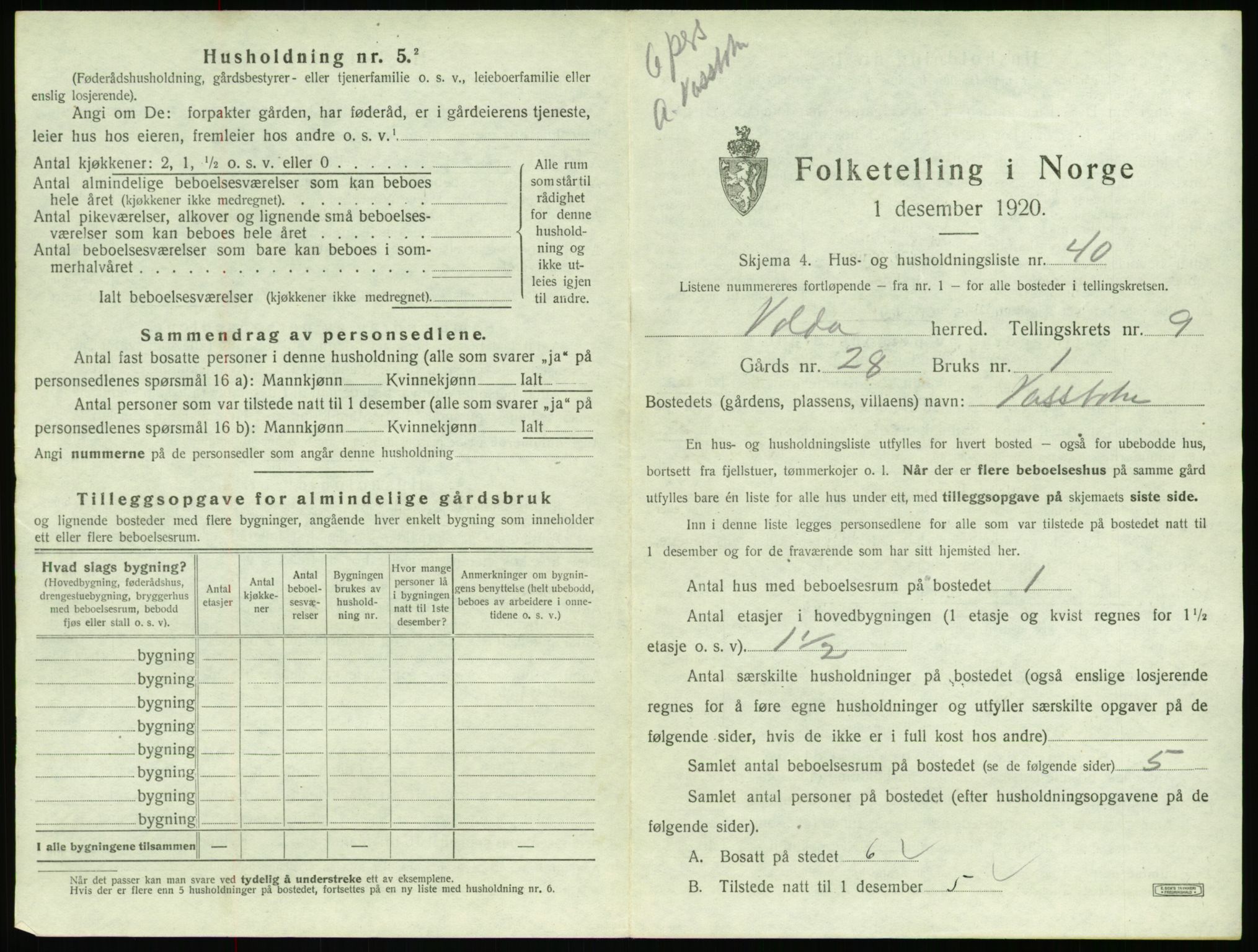 SAT, 1920 census for Volda, 1920, p. 848