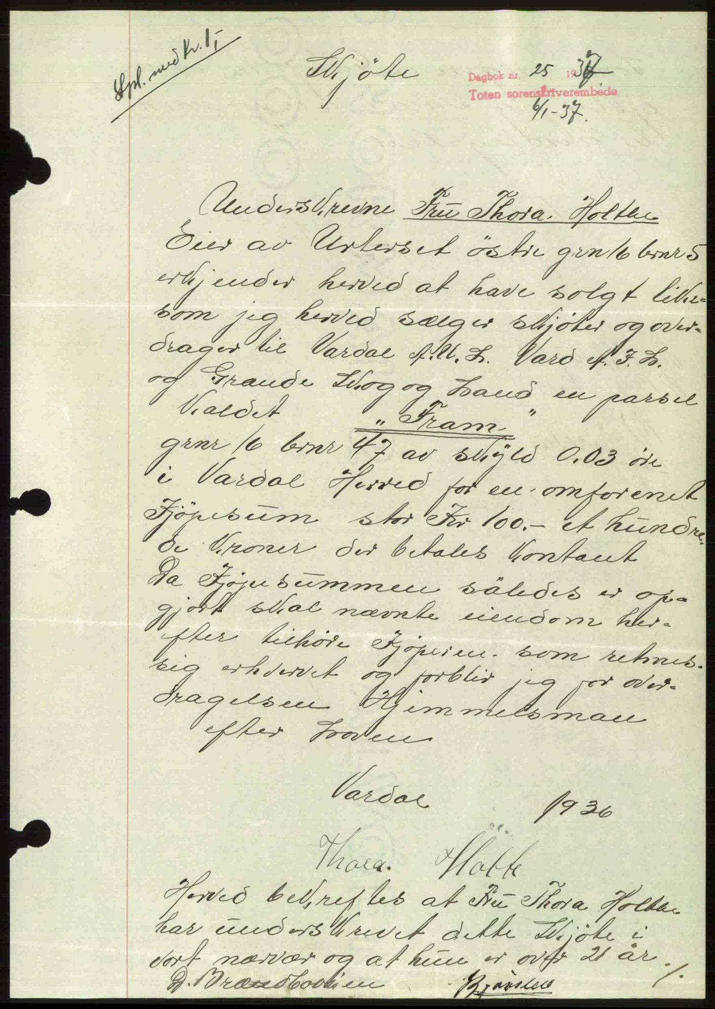 Toten tingrett, AV/SAH-TING-006/H/Hb/Hbc/L0002: Mortgage book no. Hbc-02, 1936-1937, Diary no: : 25/1937