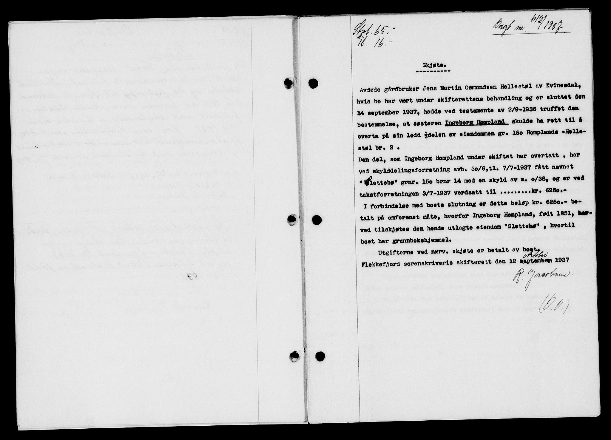 Flekkefjord sorenskriveri, SAK/1221-0001/G/Gb/Gba/L0054: Mortgage book no. A-2, 1937-1938, Diary no: : 612/1937