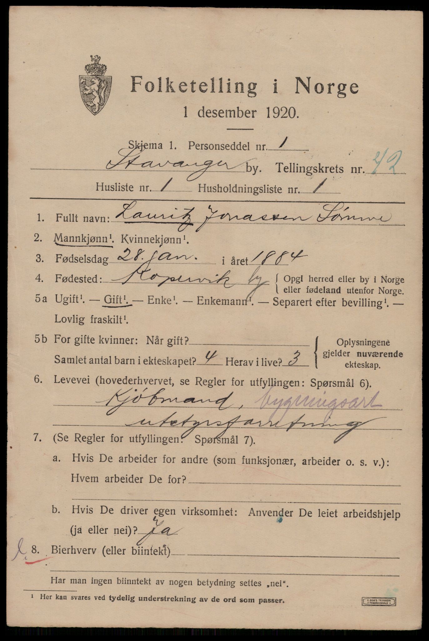 SAST, 1920 census for Stavanger, 1920, p. 105136