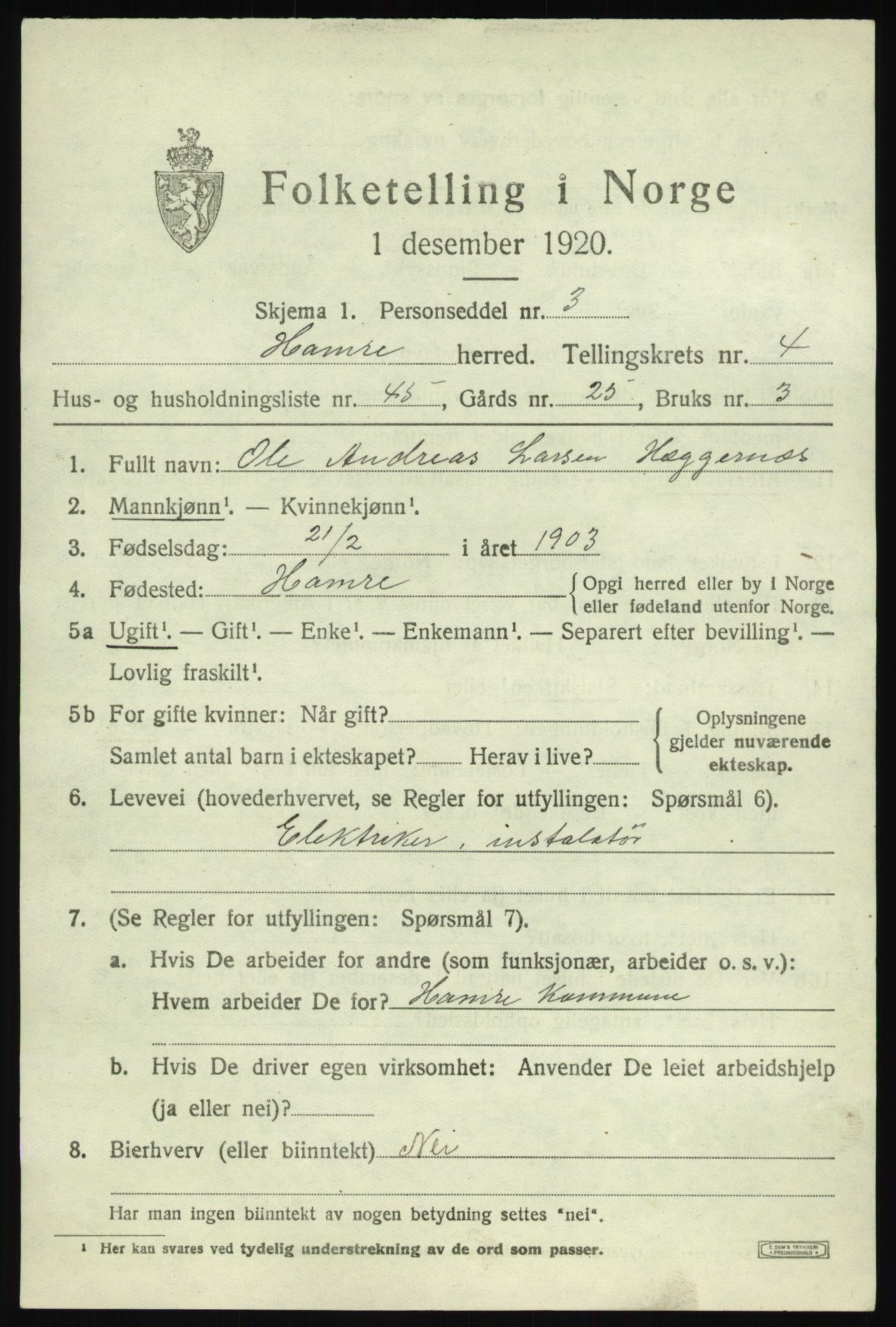 SAB, 1920 census for Hamre, 1920, p. 2855