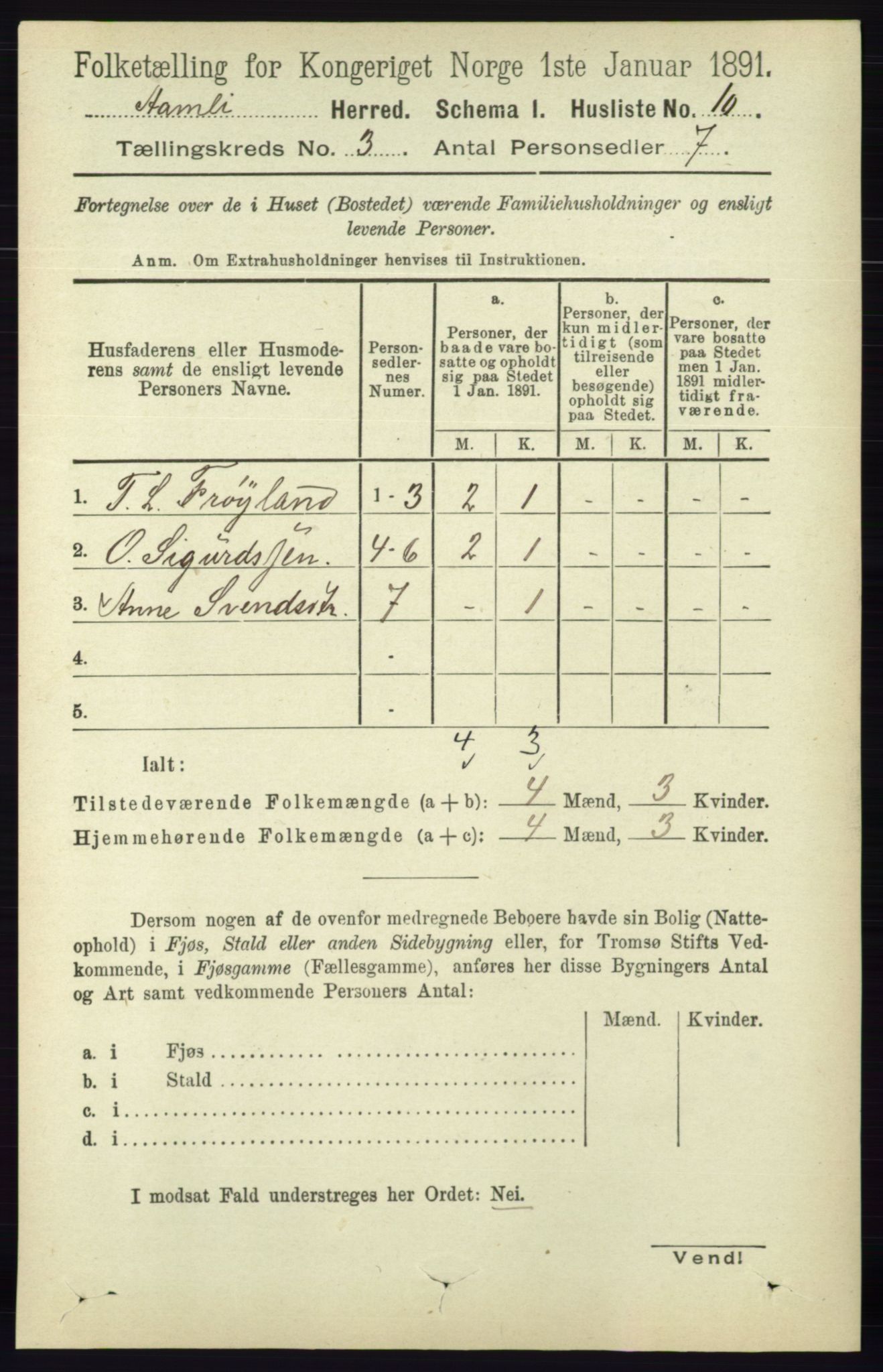 RA, 1891 census for 0929 Åmli, 1891, p. 309