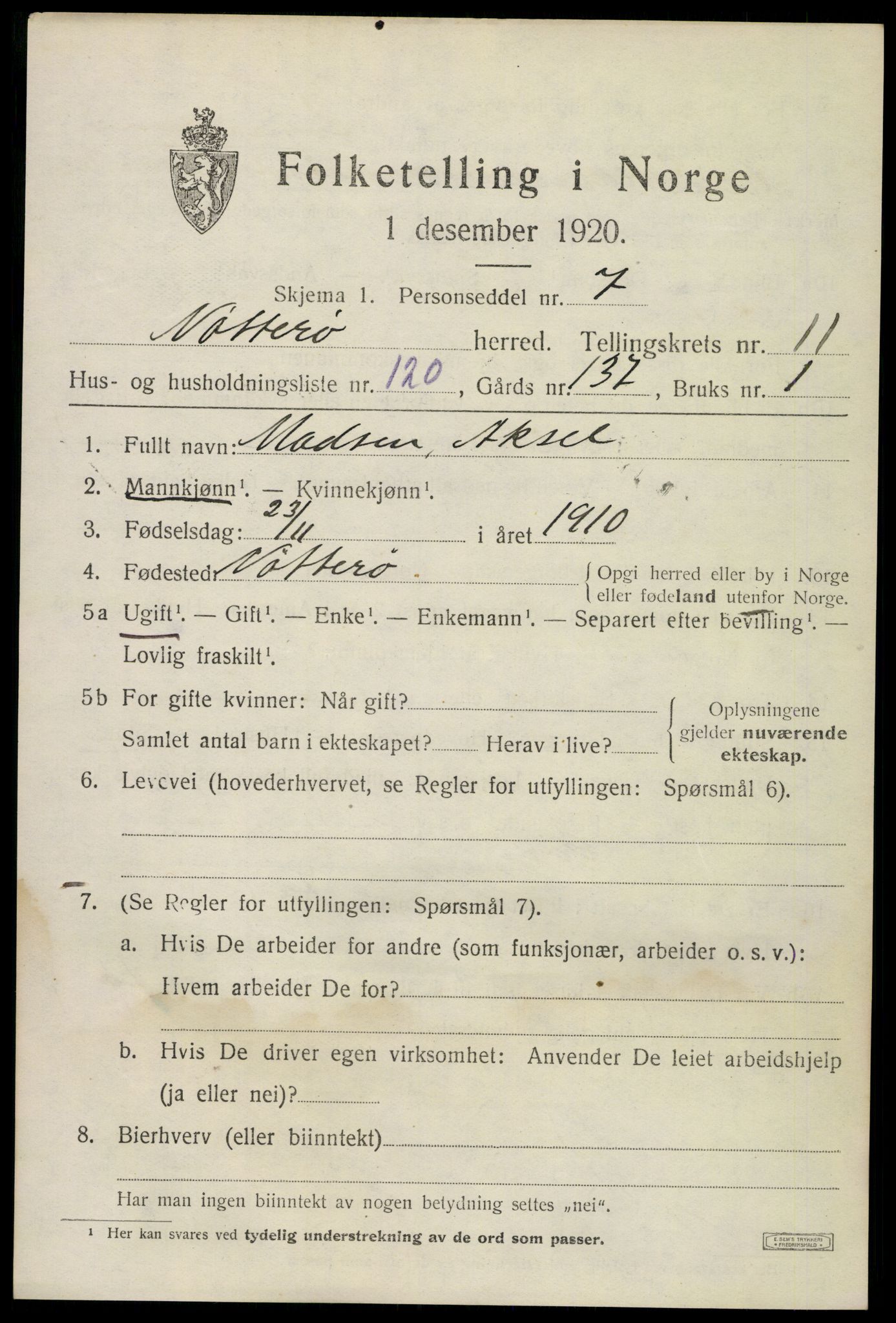SAKO, 1920 census for Nøtterøy, 1920, p. 14659