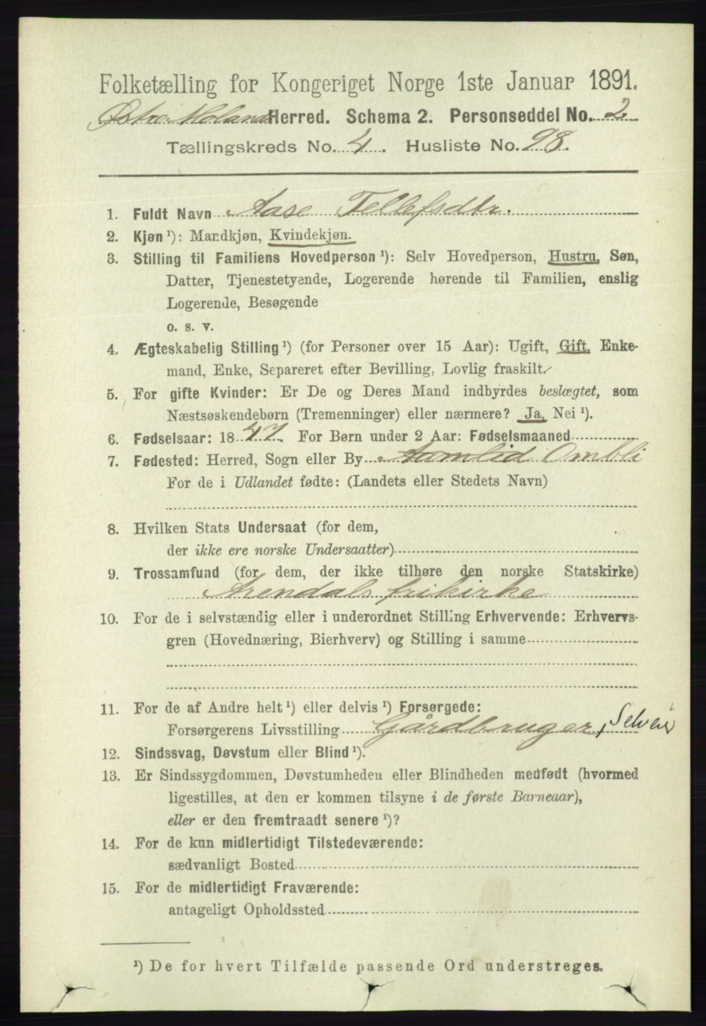 RA, 1891 census for 0918 Austre Moland, 1891, p. 2575