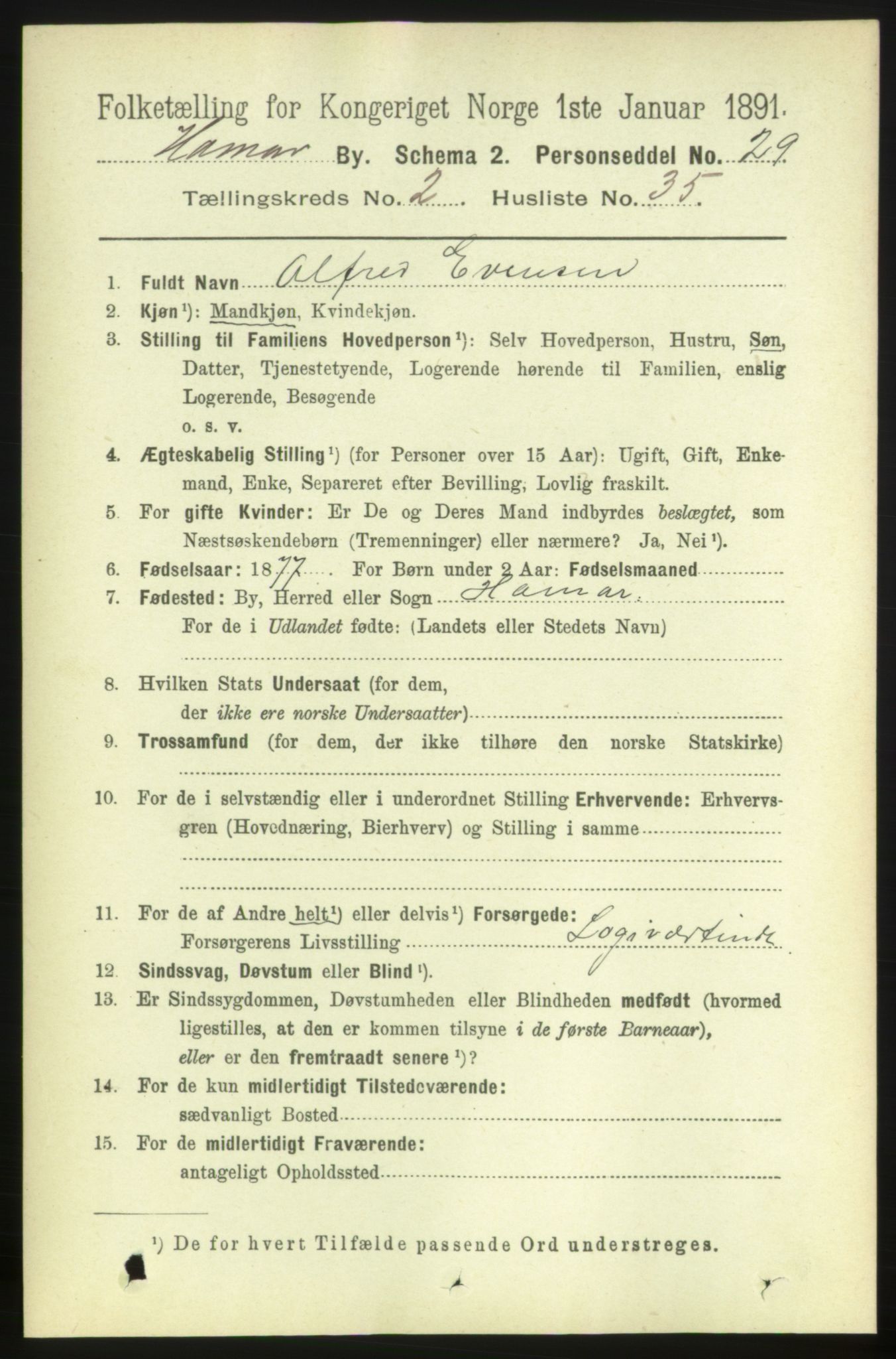 RA, 1891 census for 0401 Hamar, 1891, p. 1494