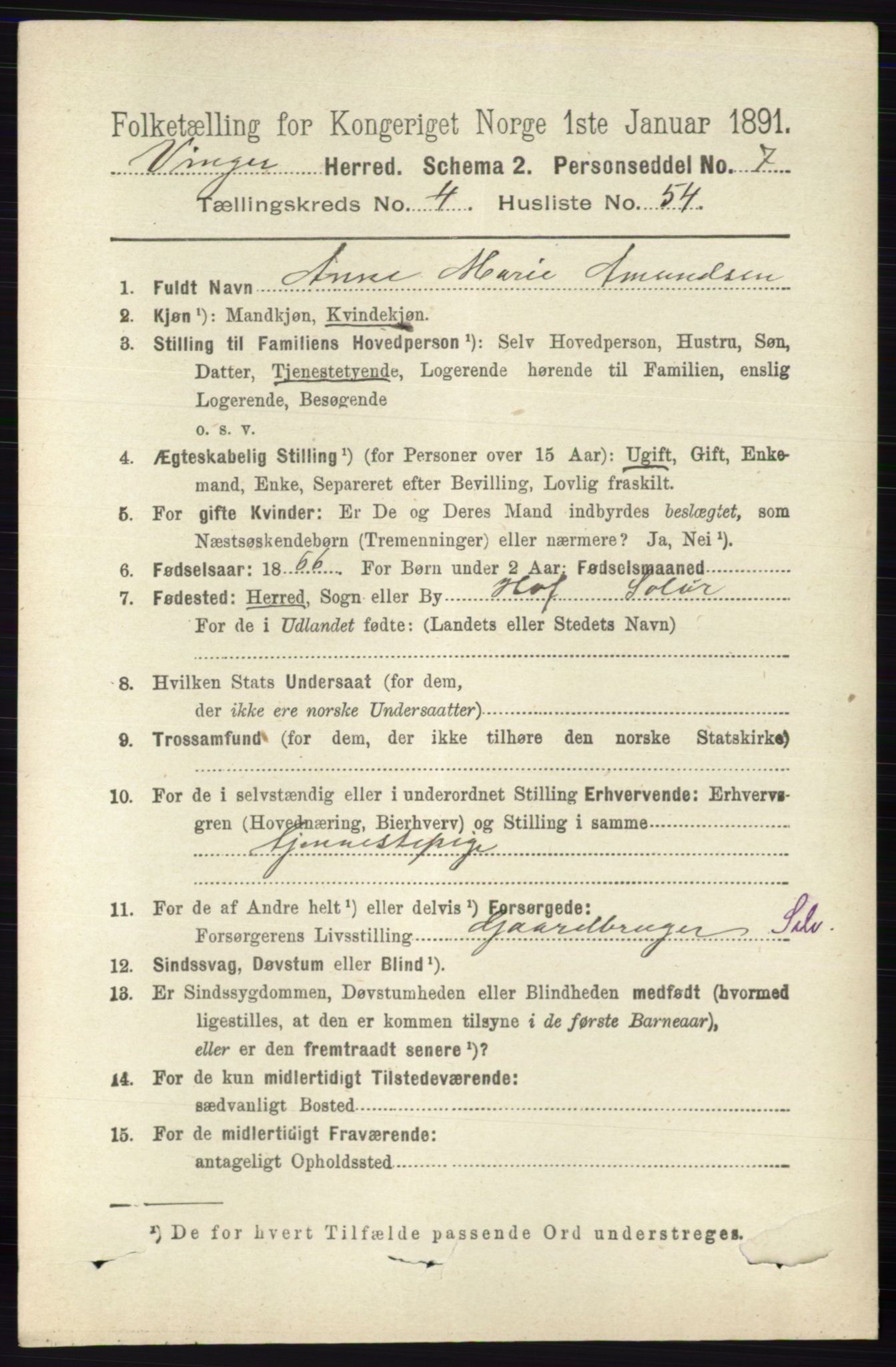 RA, 1891 census for 0421 Vinger, 1891, p. 1961