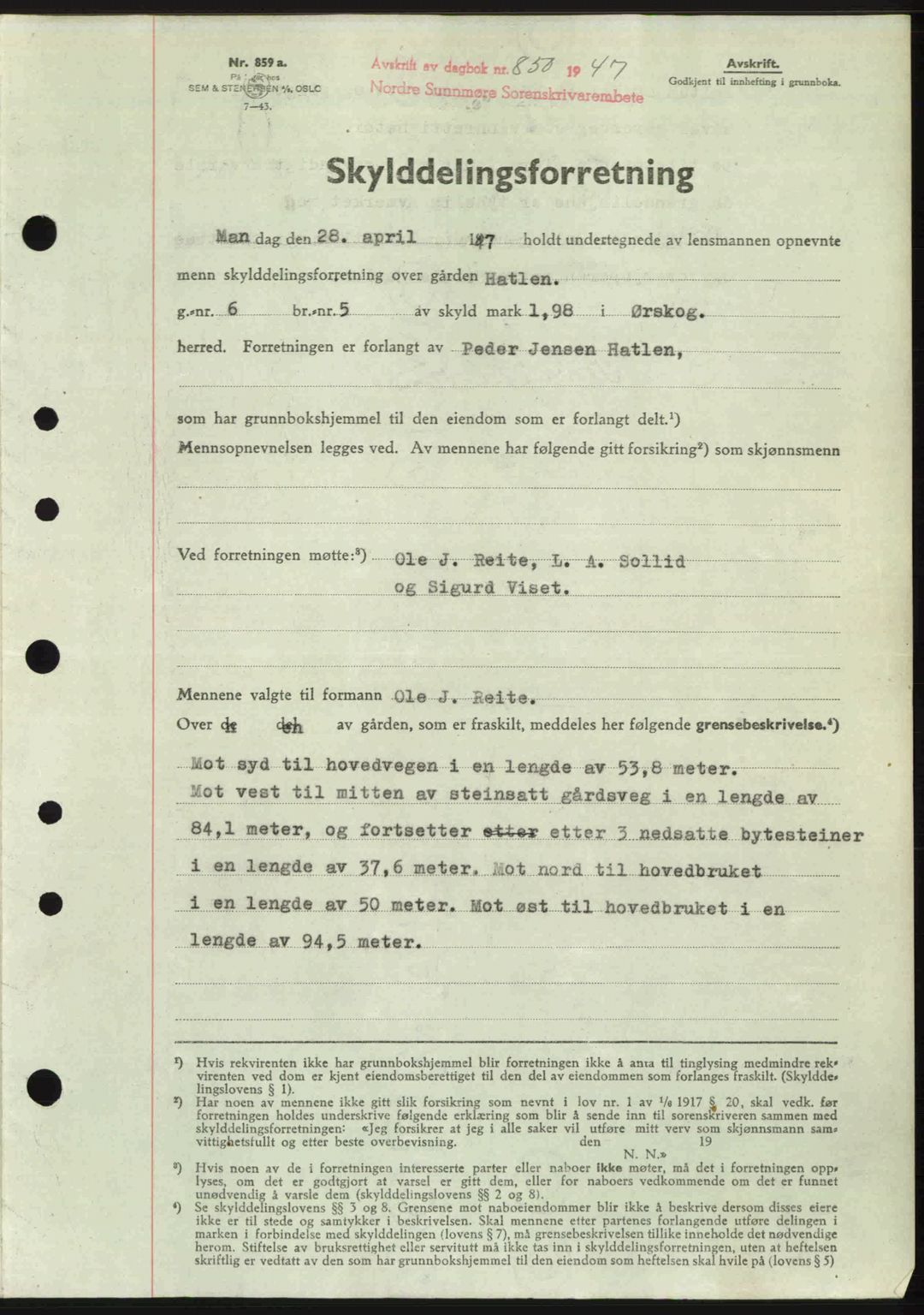 Nordre Sunnmøre sorenskriveri, AV/SAT-A-0006/1/2/2C/2Ca: Mortgage book no. A24, 1947-1947, Diary no: : 850/1947