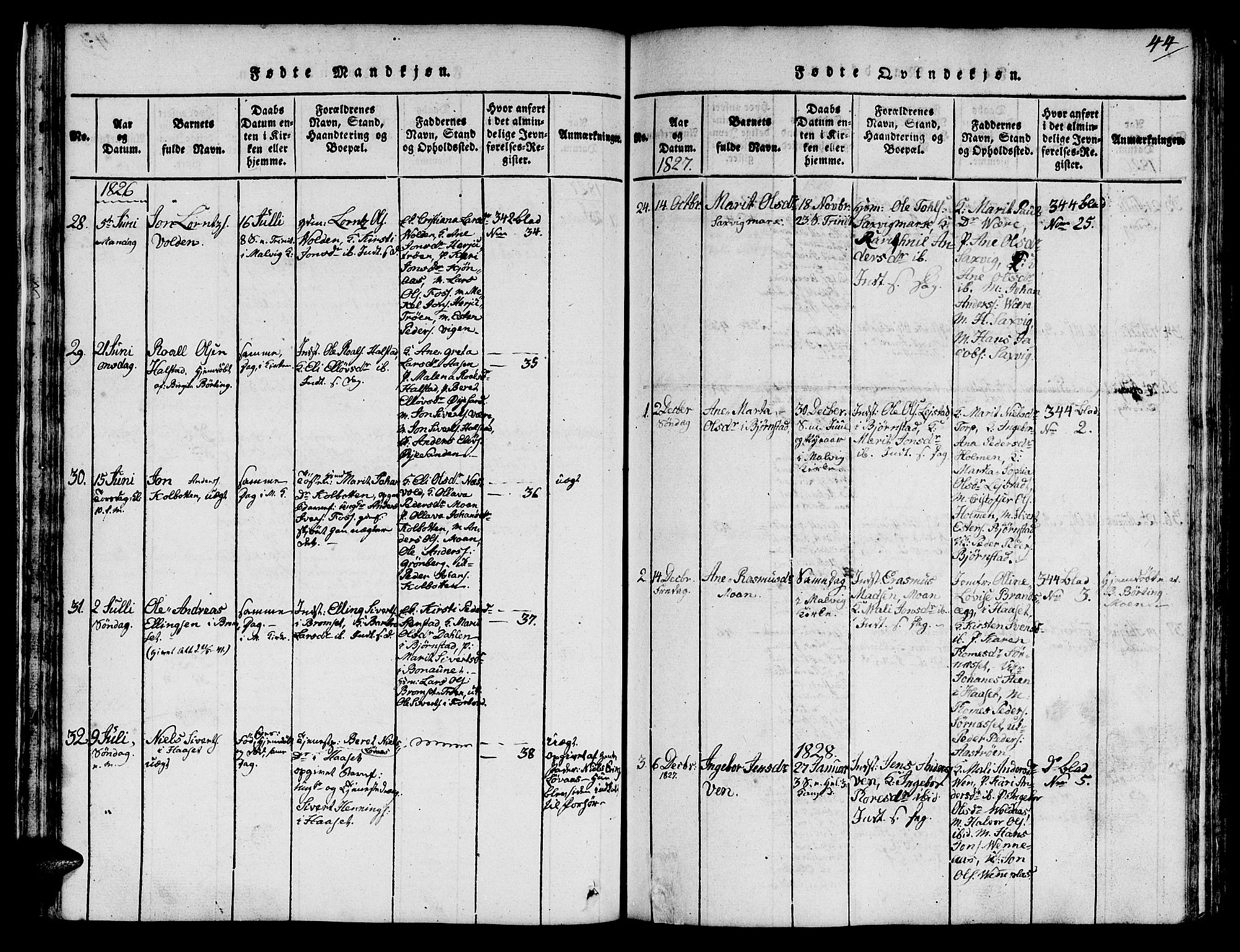 Ministerialprotokoller, klokkerbøker og fødselsregistre - Sør-Trøndelag, SAT/A-1456/616/L0420: Parish register (copy) no. 616C03, 1817-1835, p. 44