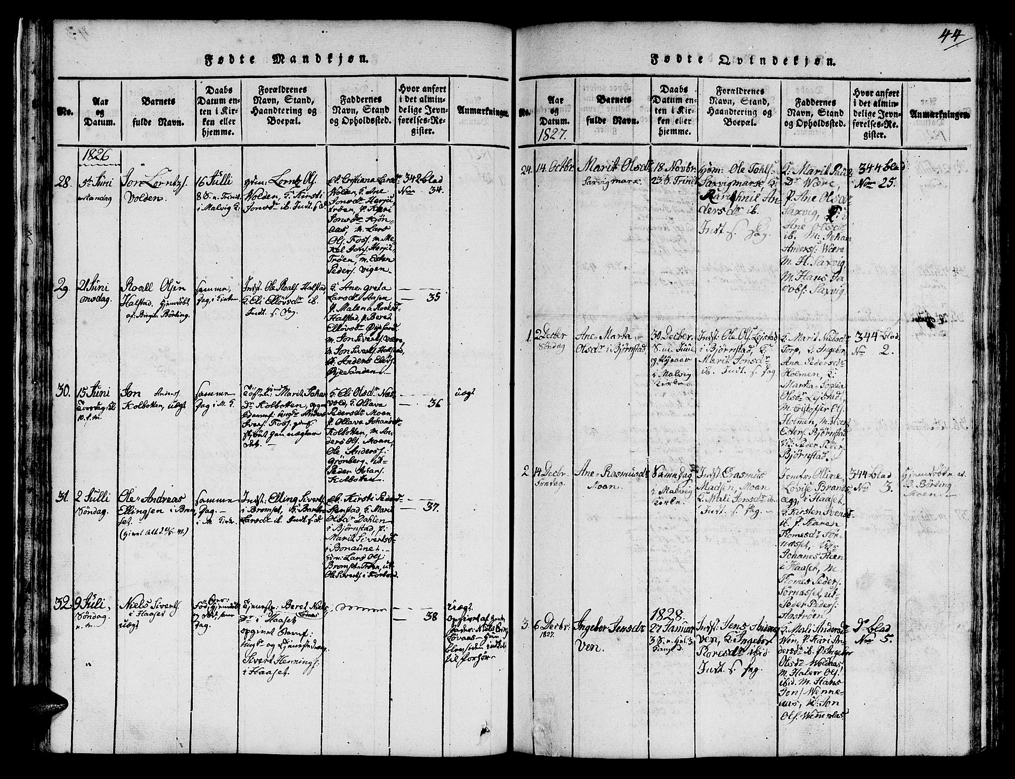 Ministerialprotokoller, klokkerbøker og fødselsregistre - Sør-Trøndelag, AV/SAT-A-1456/616/L0420: Parish register (copy) no. 616C03, 1817-1835, p. 44