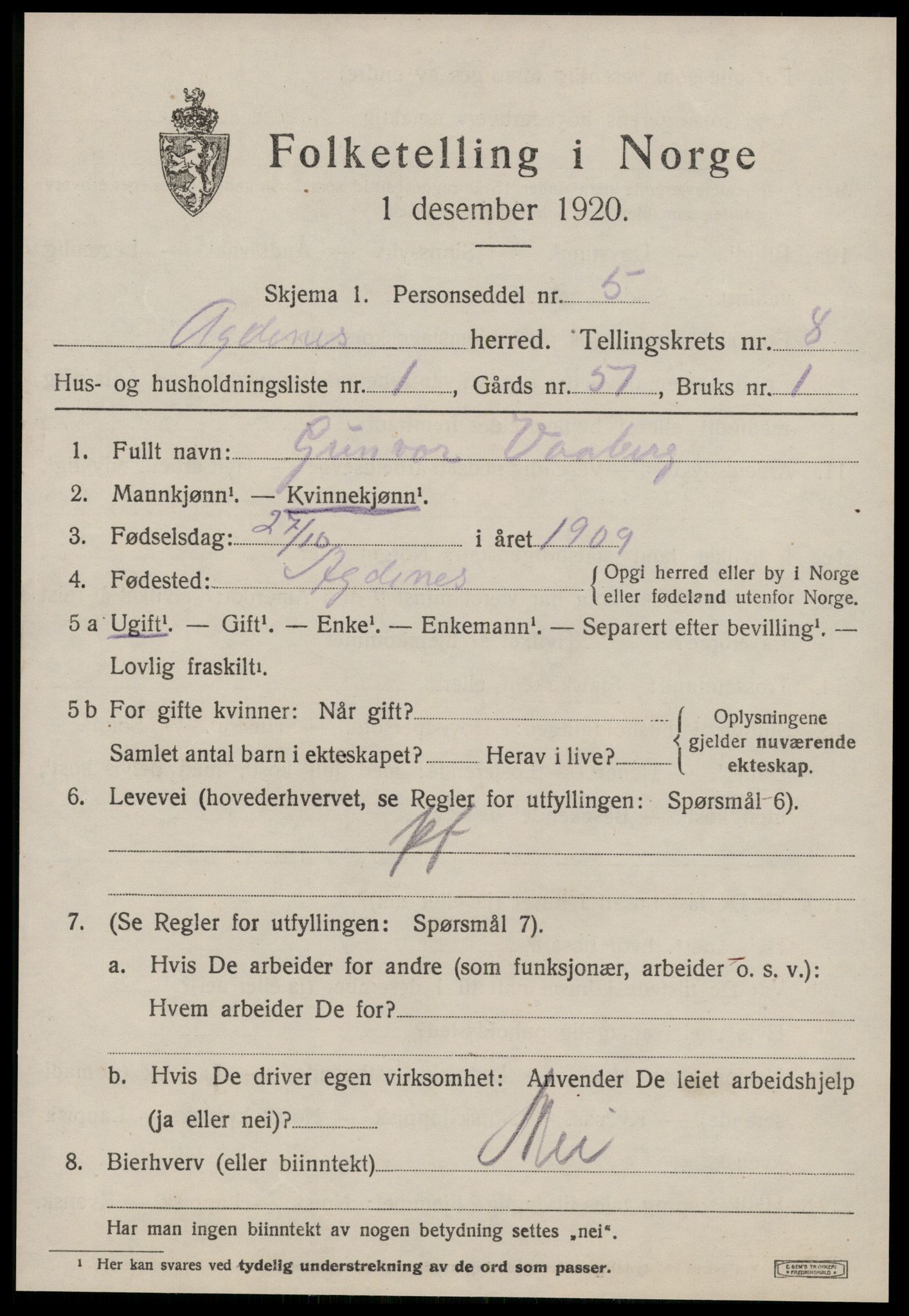 SAT, 1920 census for Agdenes, 1920, p. 2903