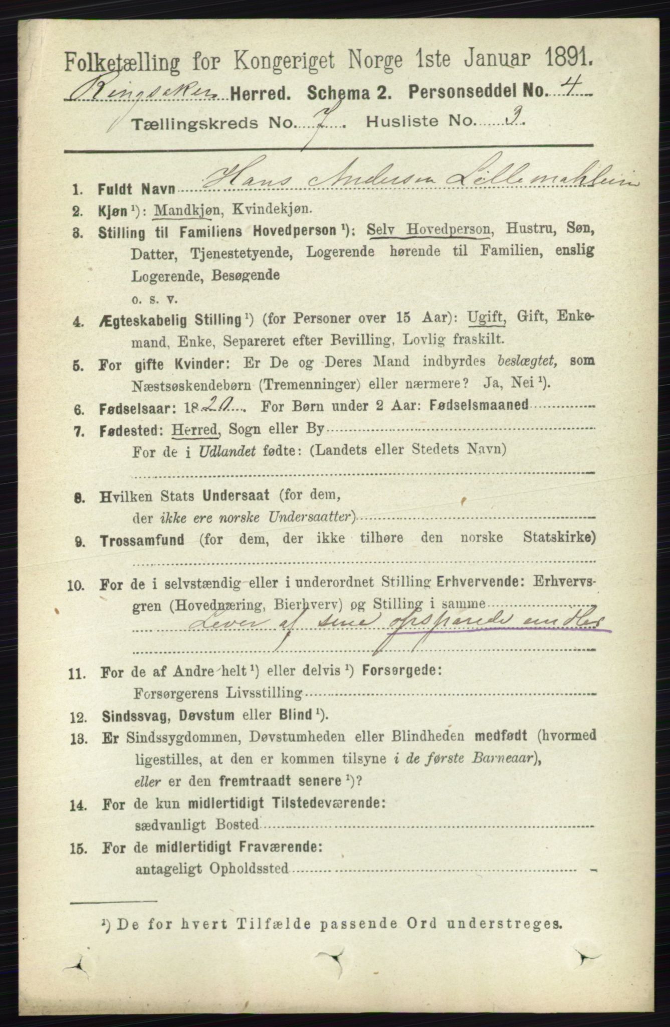 RA, 1891 census for 0412 Ringsaker, 1891, p. 3893