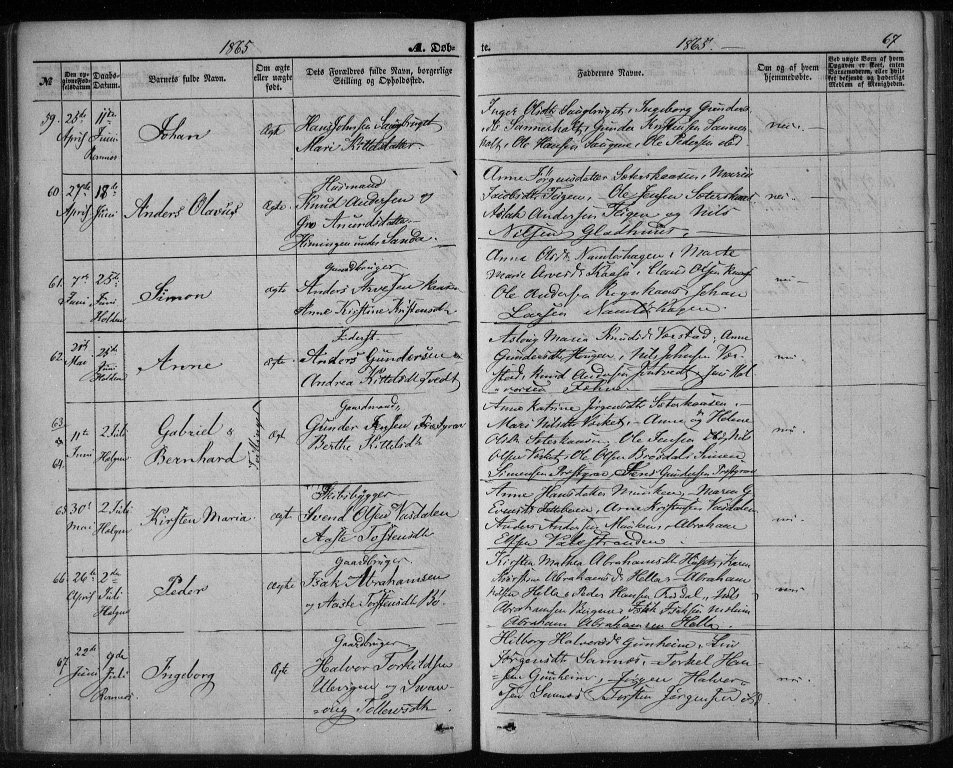 Holla kirkebøker, SAKO/A-272/F/Fa/L0006: Parish register (official) no. 6, 1861-1869, p. 67