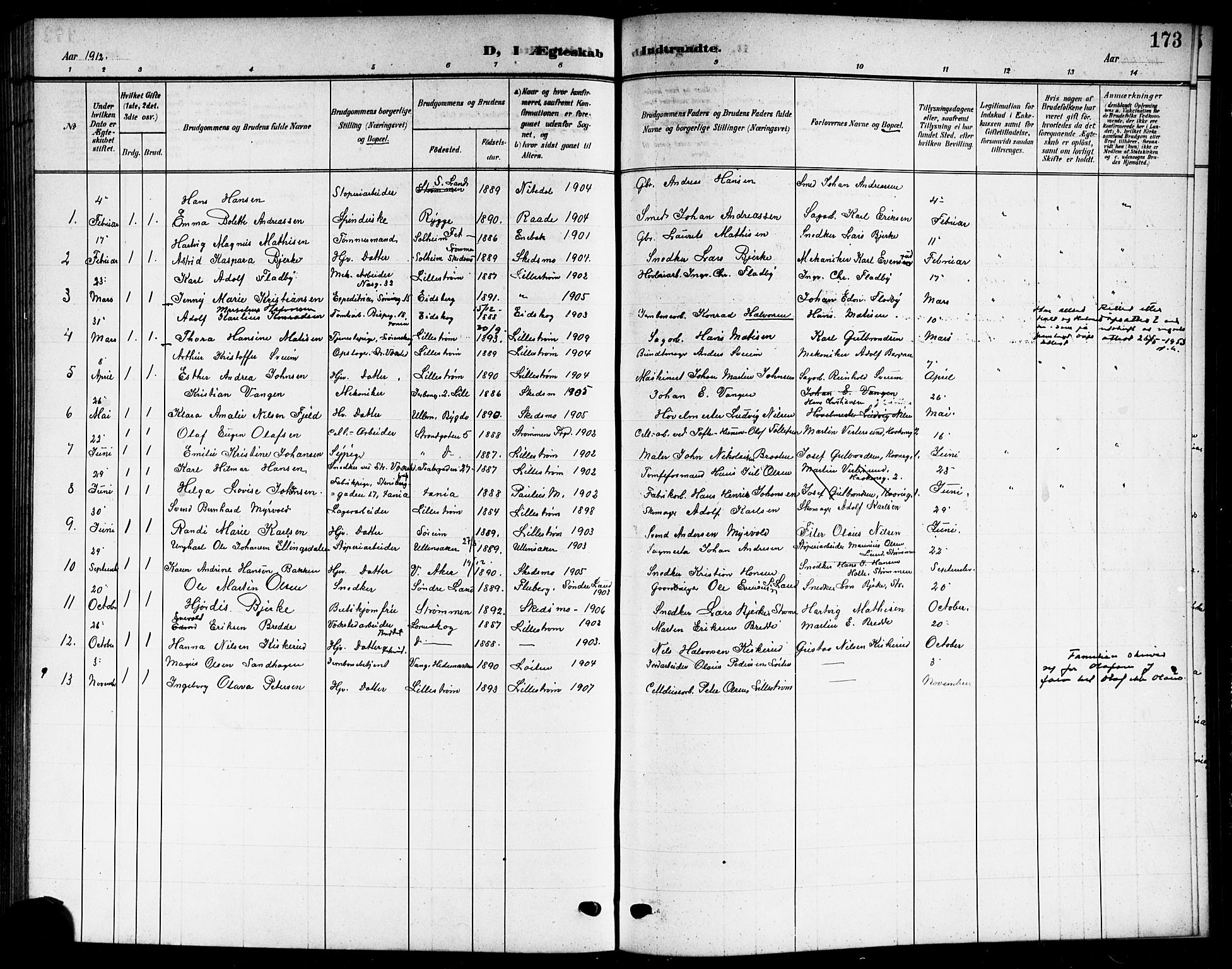 Skedsmo prestekontor Kirkebøker, SAO/A-10033a/G/Gc/L0001: Parish register (copy) no. III 1, 1908-1916, p. 173