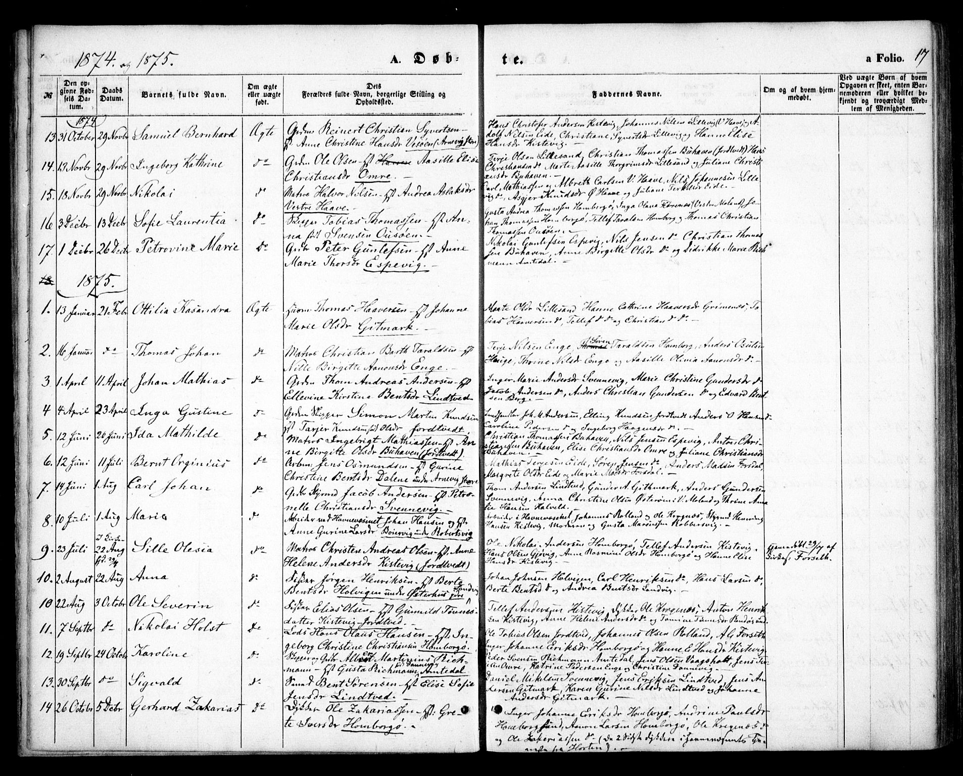 Hommedal sokneprestkontor, AV/SAK-1111-0023/F/Fa/Faa/L0002: Parish register (official) no. A 2, 1861-1884, p. 17