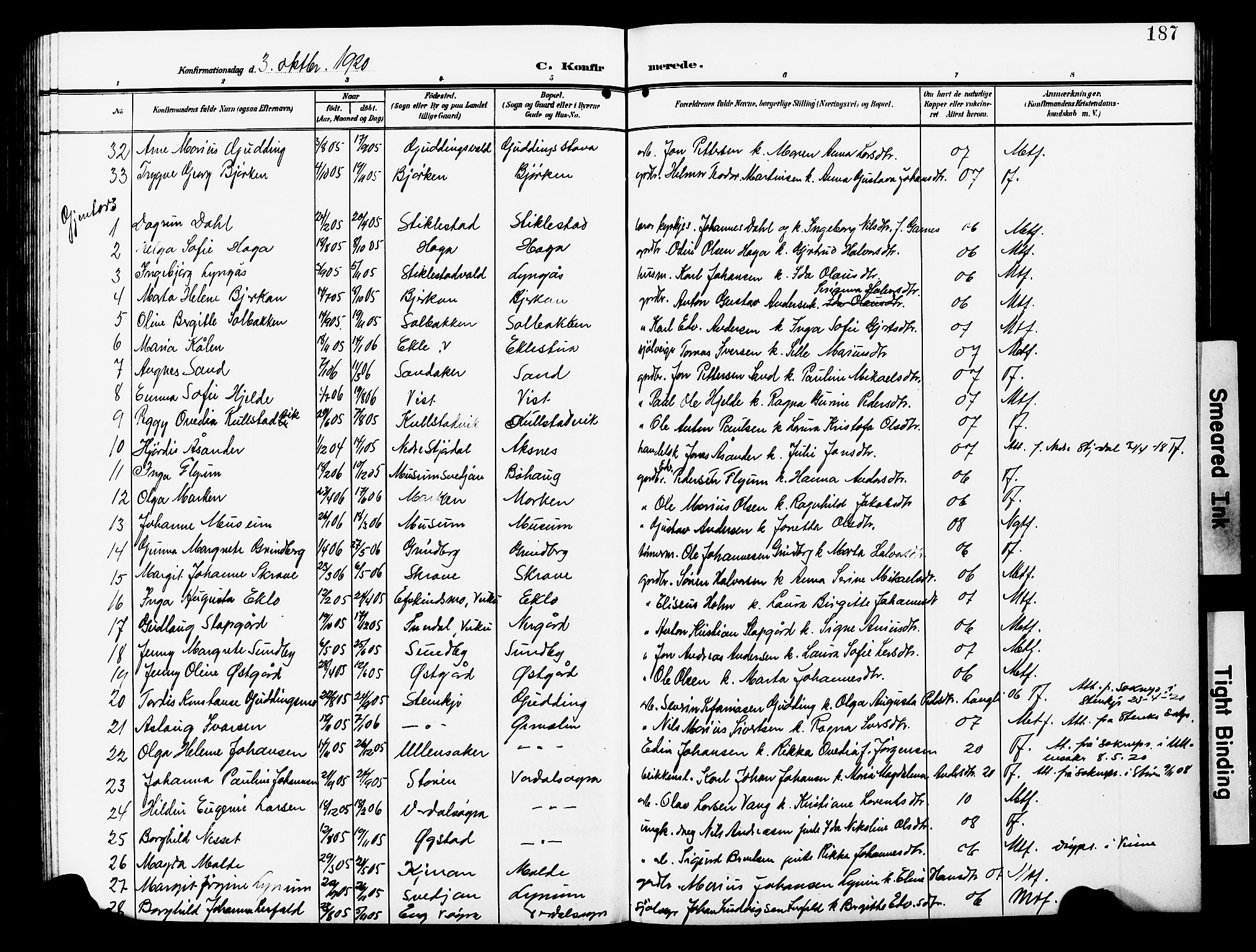 Ministerialprotokoller, klokkerbøker og fødselsregistre - Nord-Trøndelag, AV/SAT-A-1458/723/L0258: Parish register (copy) no. 723C06, 1908-1927, p. 187
