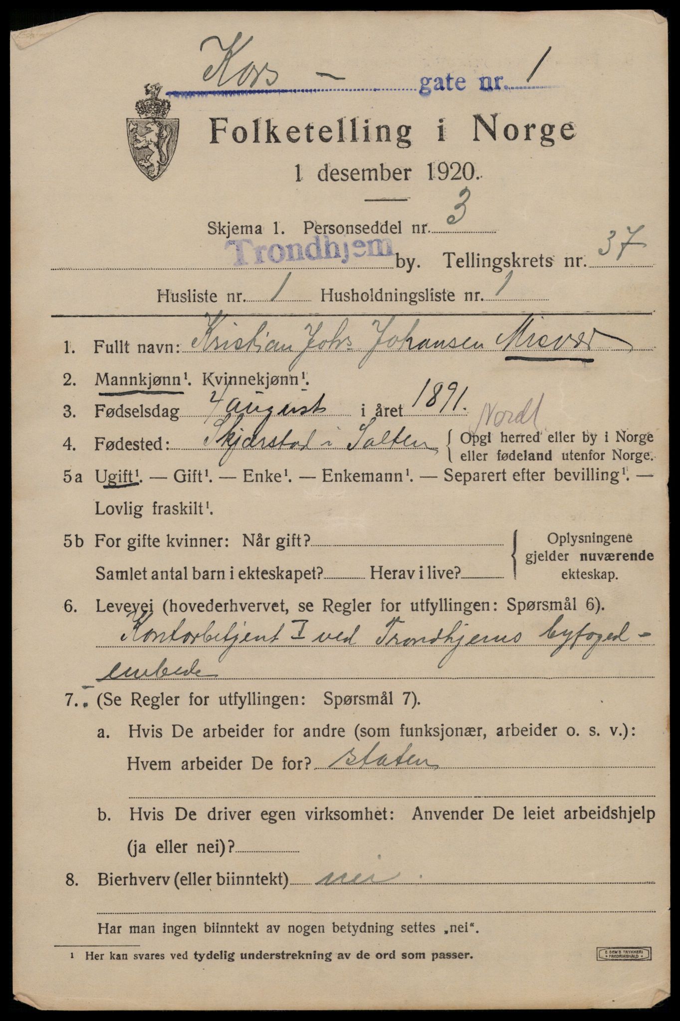 SAT, 1920 census for Trondheim, 1920, p. 84534