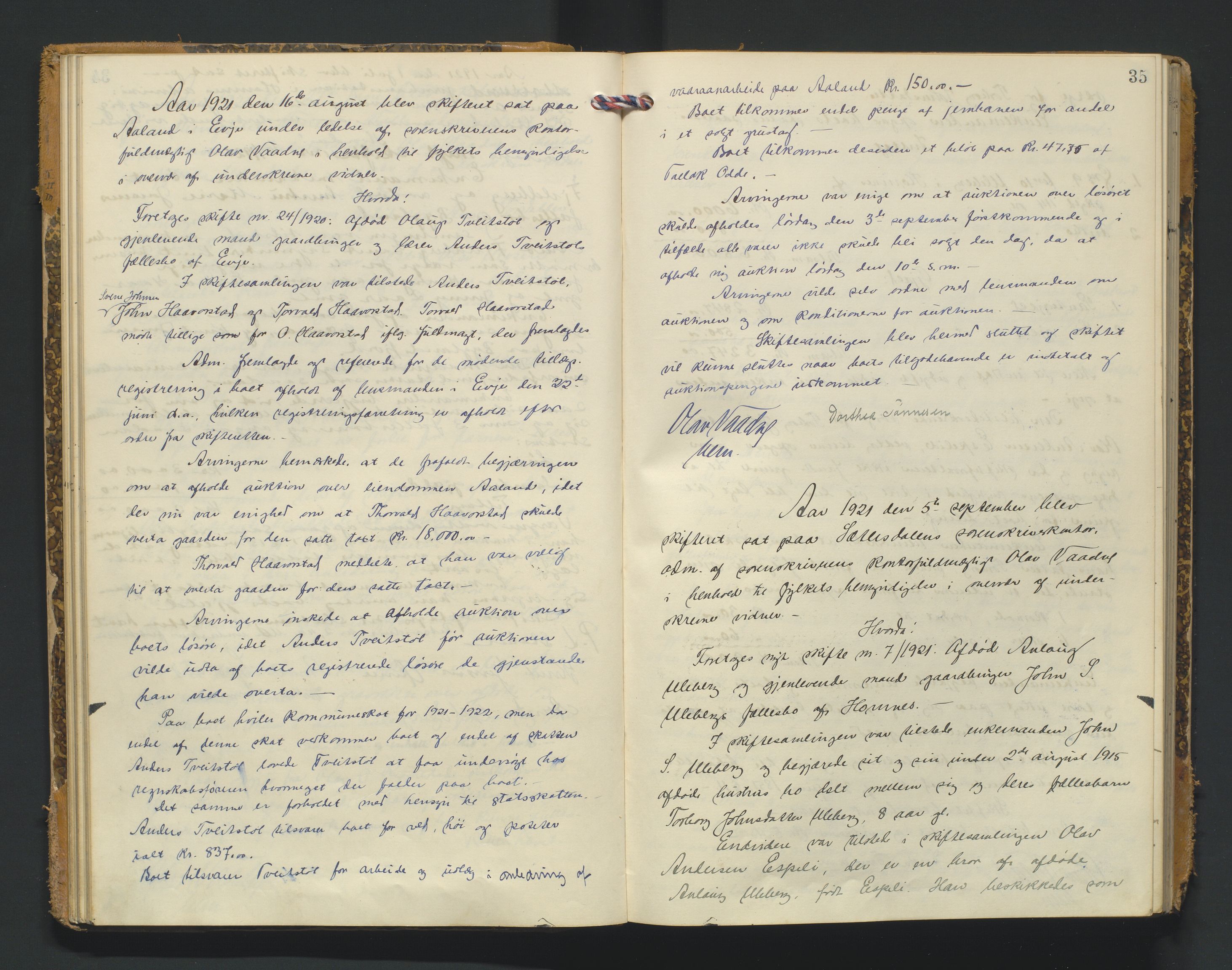 Setesdal sorenskriveri, AV/SAK-1221-0011/H/Hc/L0040: Skifteforhandlingsprotokoll nr 12, 1920-1927, p. 35