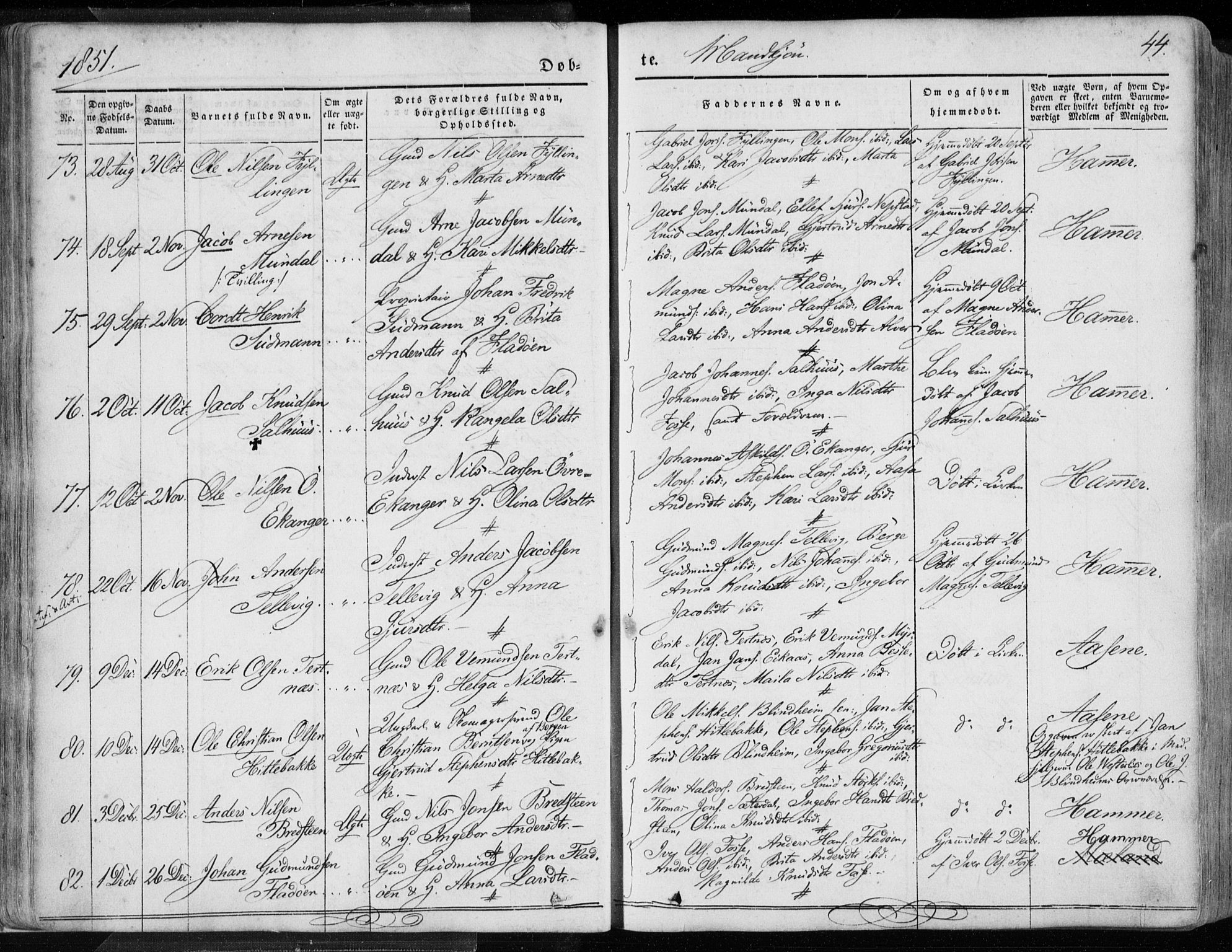 Hamre sokneprestembete, AV/SAB-A-75501/H/Ha/Haa/Haaa/L0013: Parish register (official) no. A 13, 1846-1857, p. 44