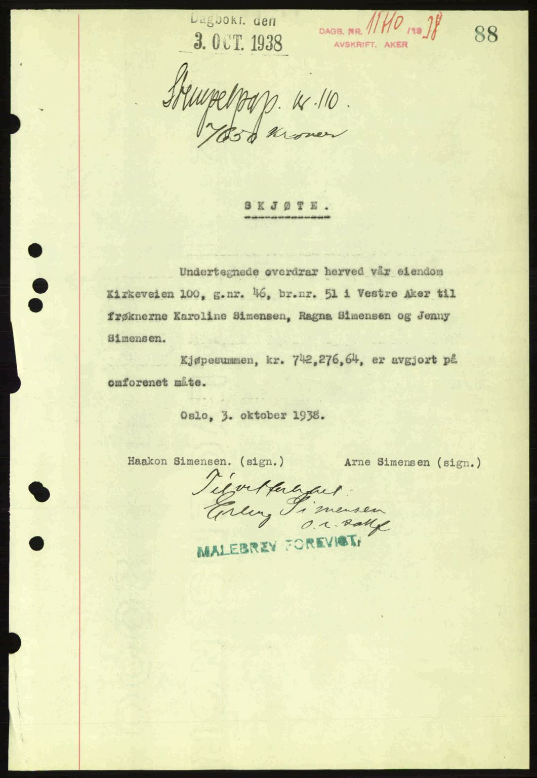 Aker herredsskriveri, SAO/A-10896/G/Gb/Gba/Gbab/L0025: Mortgage book no. A154-155, 1938-1938, Diary no: : 11710/1938