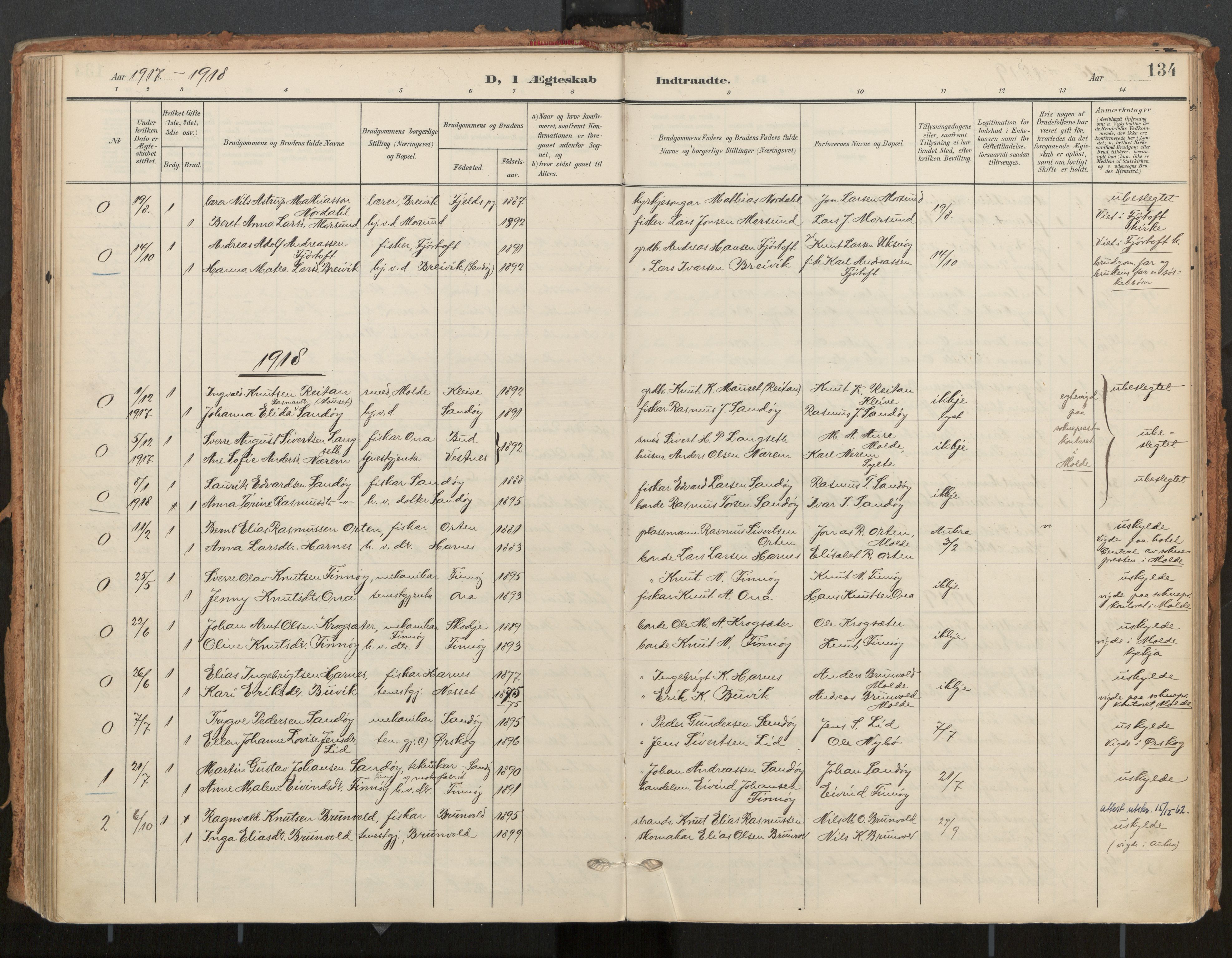 Ministerialprotokoller, klokkerbøker og fødselsregistre - Møre og Romsdal, AV/SAT-A-1454/561/L0730: Parish register (official) no. 561A04, 1901-1929, p. 134