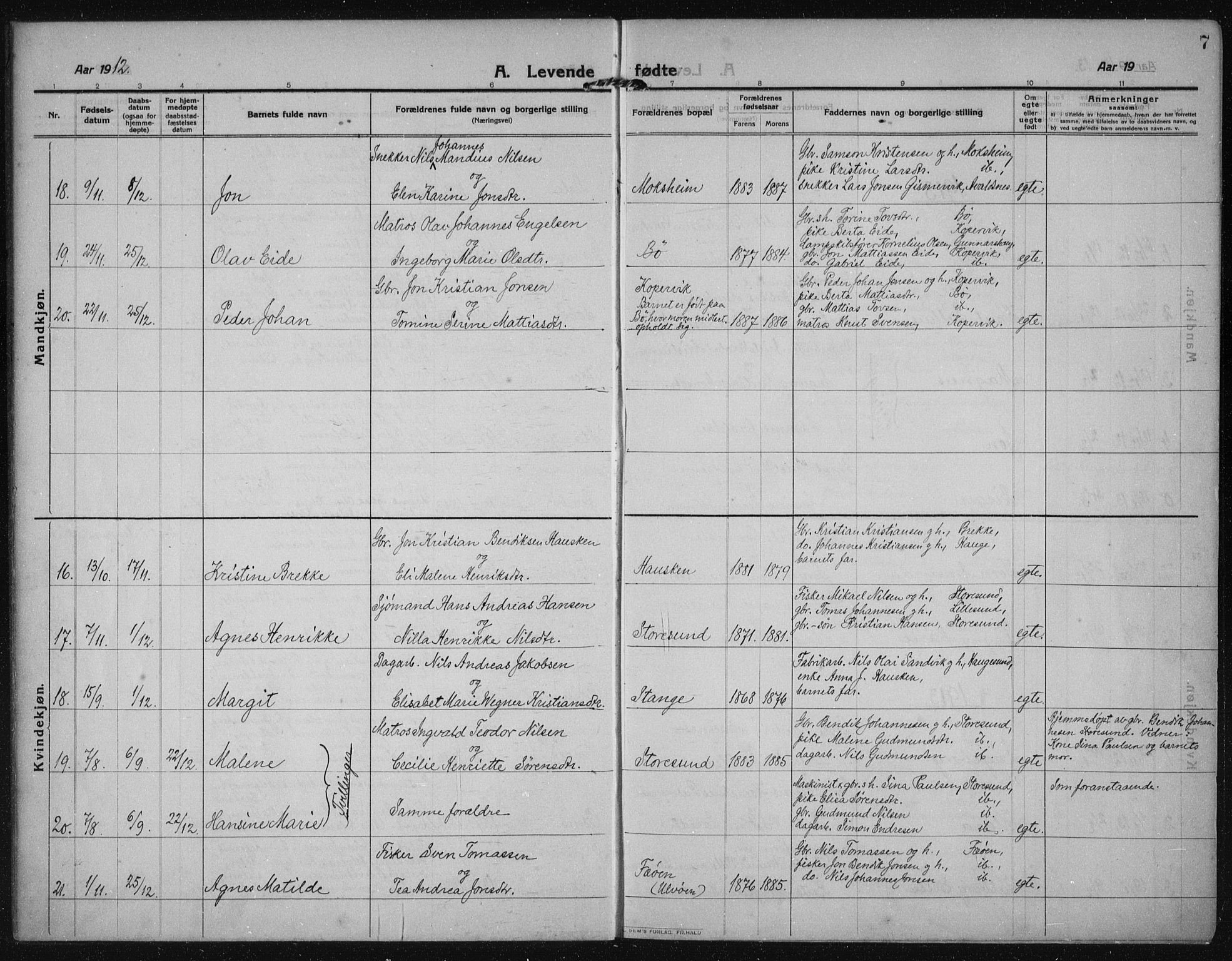 Torvastad sokneprestkontor, AV/SAST-A -101857/H/Ha/Haa/L0019: Parish register (official) no. A 18, 1912-1920, p. 7