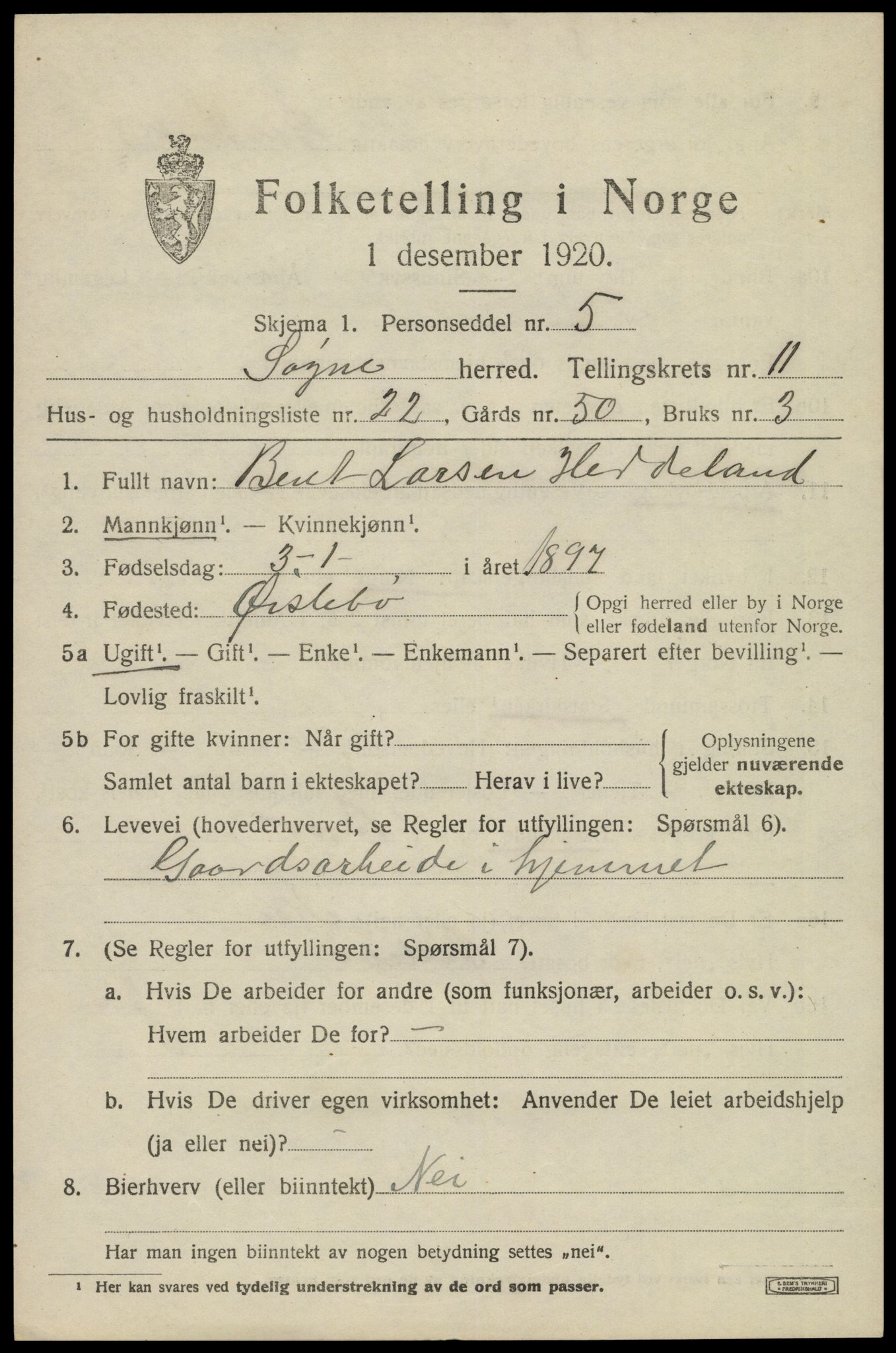 SAK, 1920 census for Søgne, 1920, p. 5861