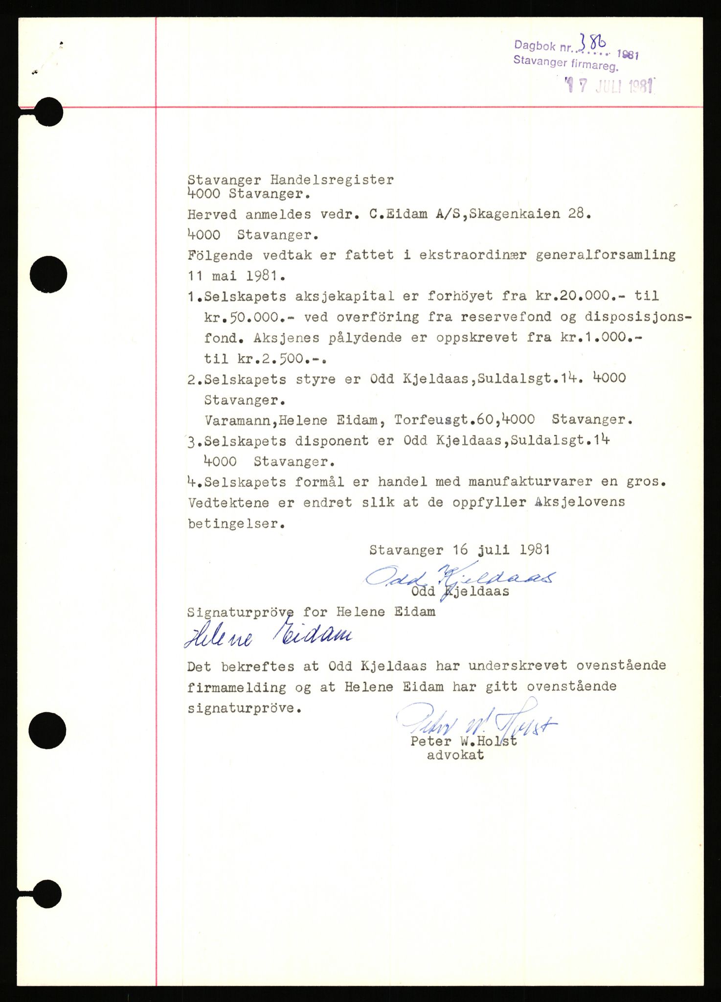 Stavanger byfogd, AV/SAST-A-101408/002/J/Jd/Jde/L0034: Registreringsmeldinger og bilag. Aksjeselskap, 99-165, 1915-1961, p. 4