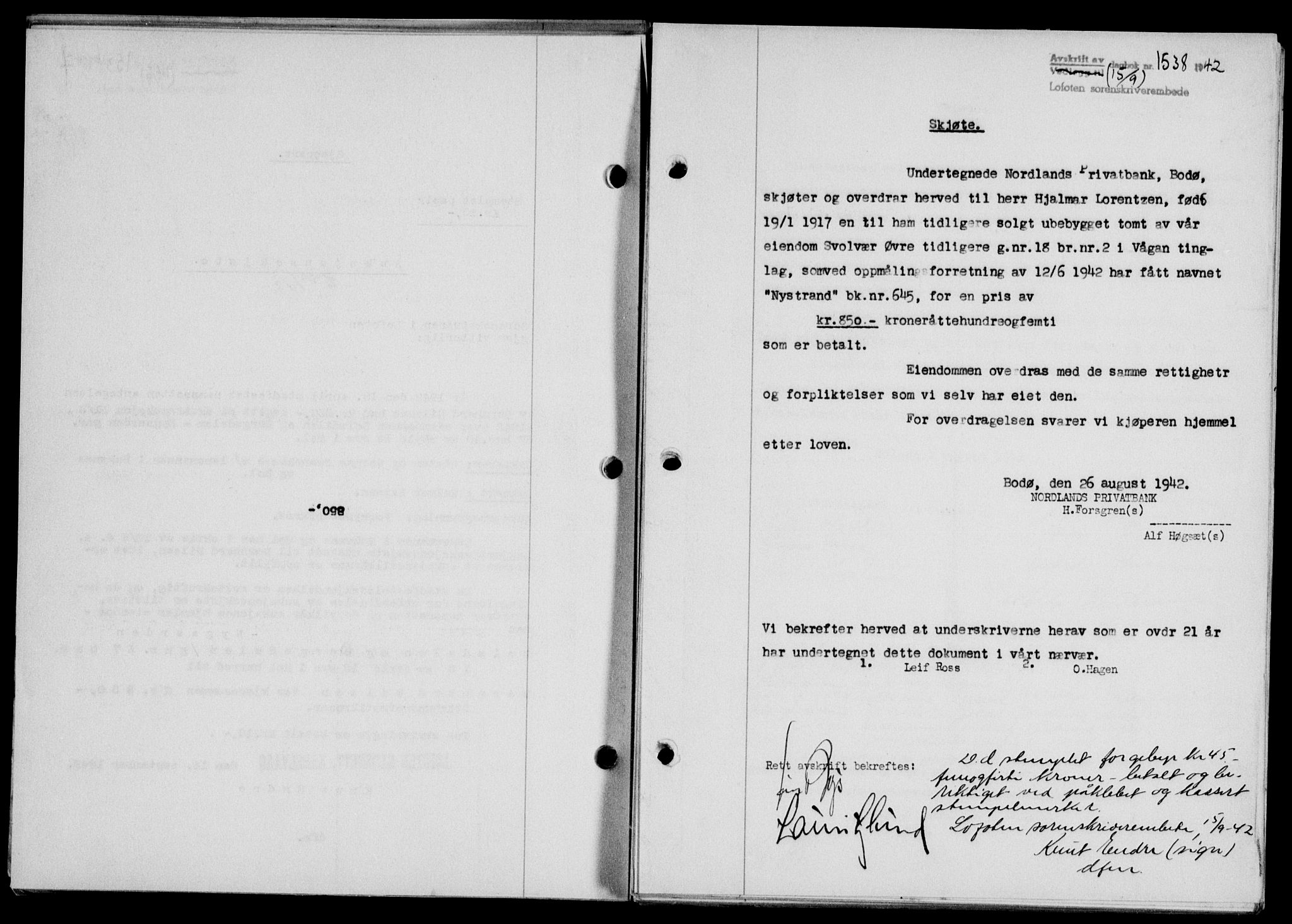Lofoten sorenskriveri, SAT/A-0017/1/2/2C/L0010a: Mortgage book no. 10a, 1942-1943, Diary no: : 1538/1942