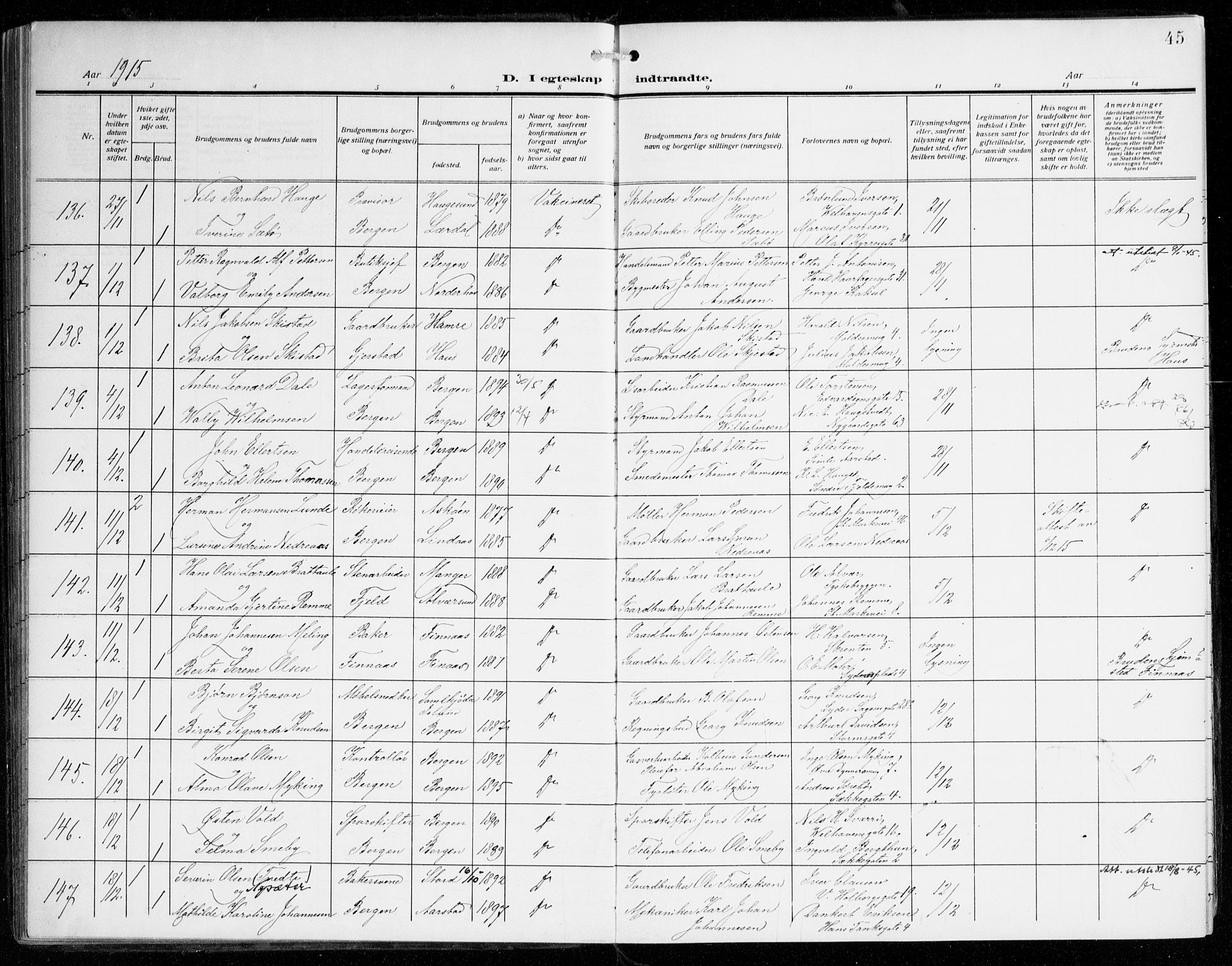 Johanneskirken sokneprestembete, AV/SAB-A-76001/H/Haa/L0013: Parish register (official) no. D 2, 1912-1929, p. 45