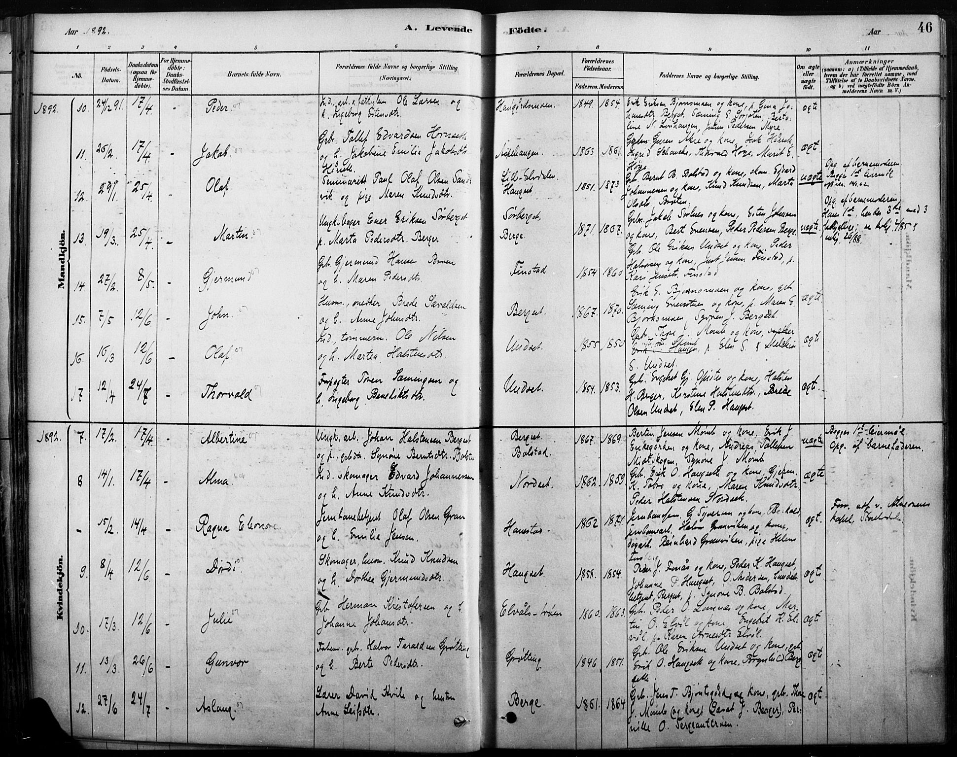 Rendalen prestekontor, AV/SAH-PREST-054/H/Ha/Haa/L0009: Parish register (official) no. 9, 1878-1901, p. 46