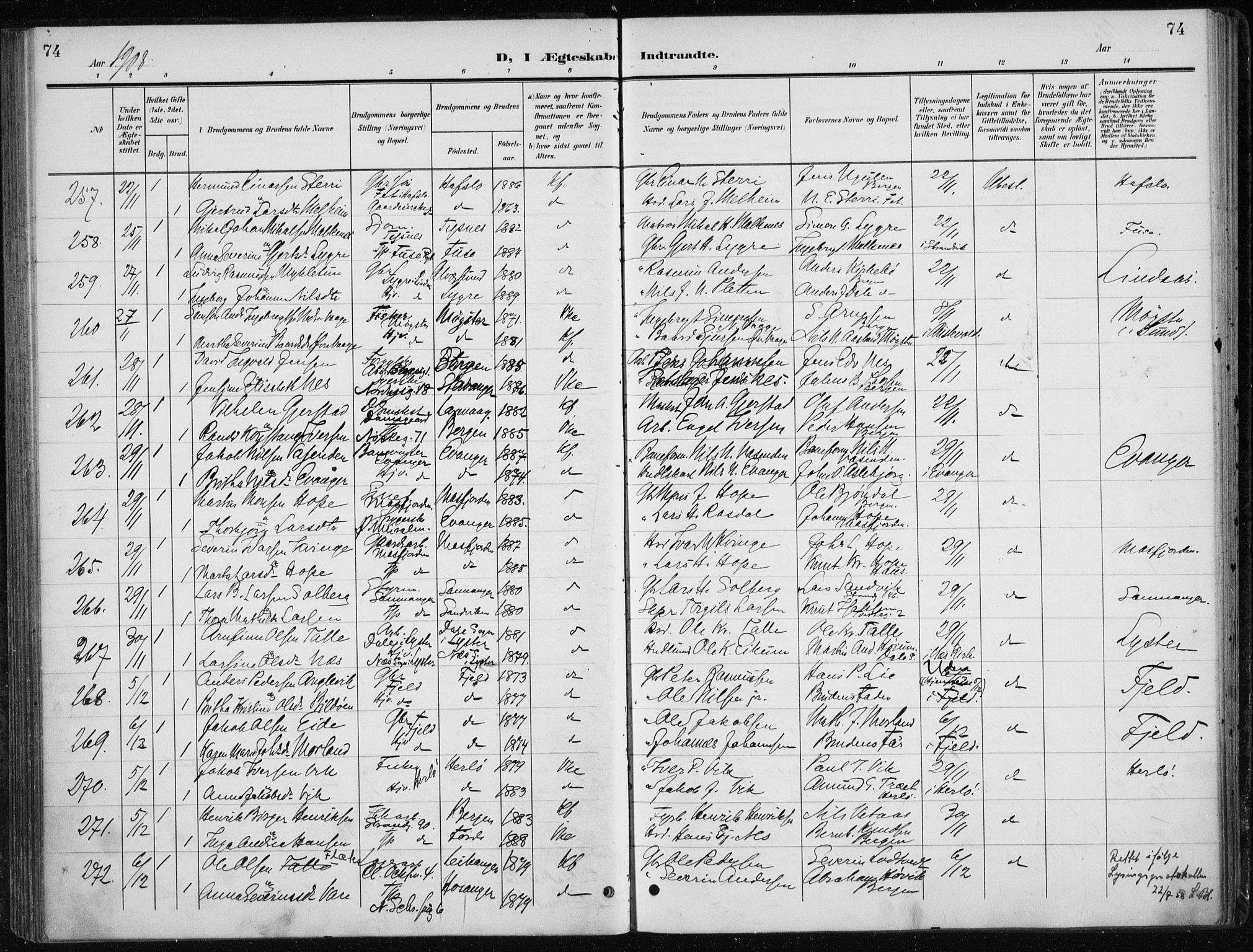 Nykirken Sokneprestembete, AV/SAB-A-77101/H/Haa/L0035: Parish register (official) no. D 5, 1905-1913, p. 74