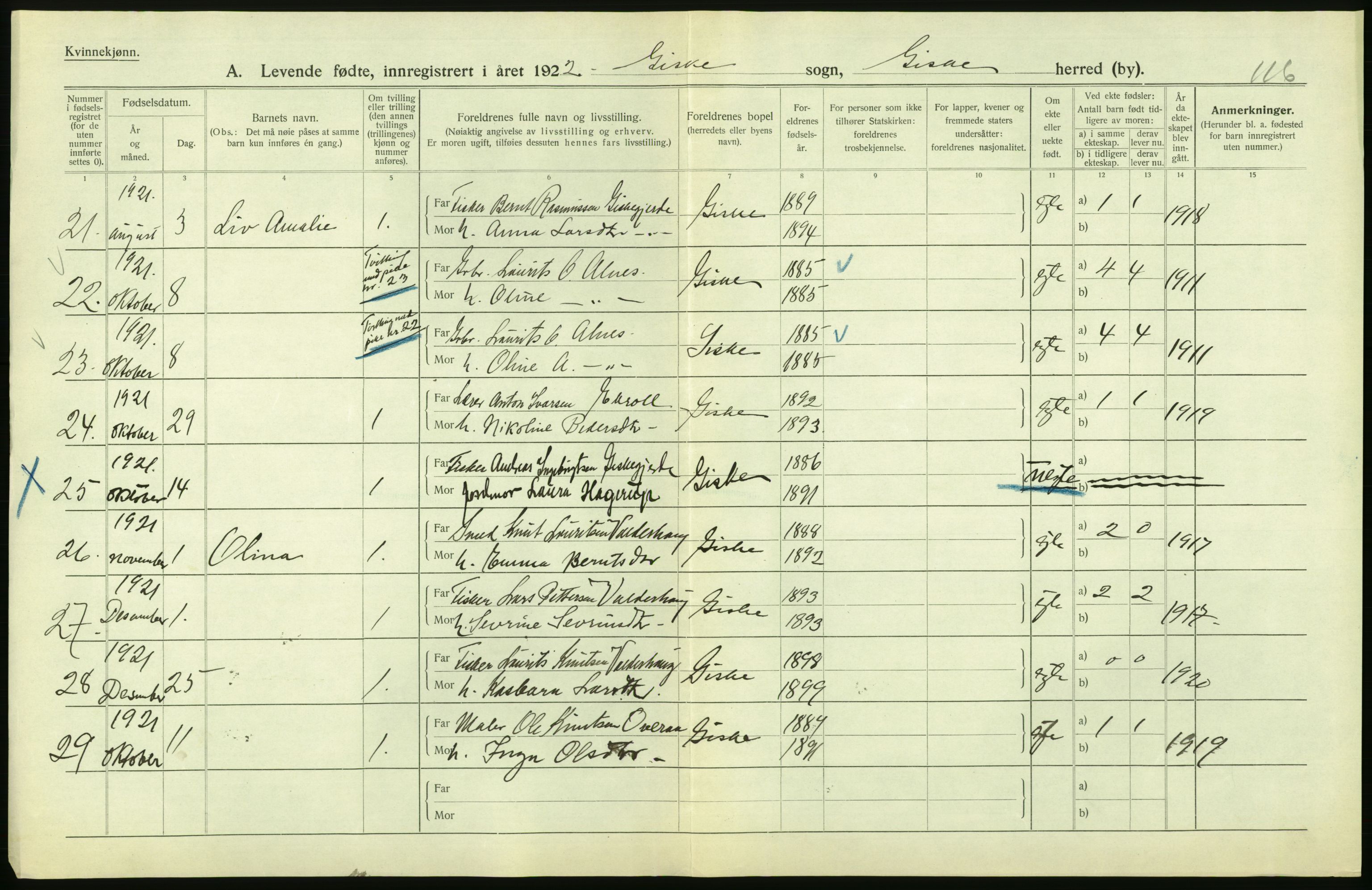 Statistisk sentralbyrå, Sosiodemografiske emner, Befolkning, RA/S-2228/D/Df/Dfc/Dfca/L0040: Møre fylke: Levendefødte menn og kvinner. Bygder., 1921, p. 316