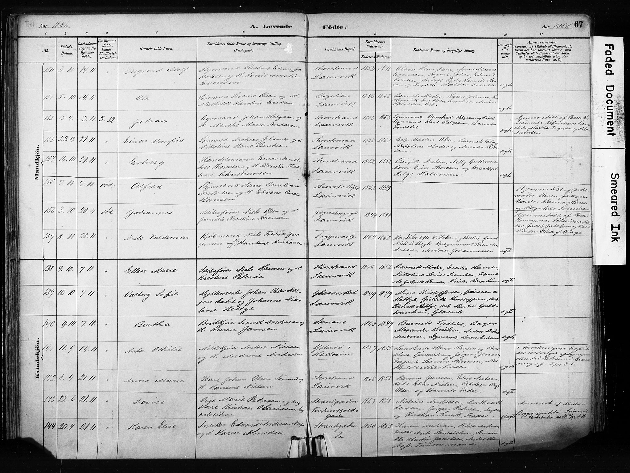 Larvik kirkebøker, SAKO/A-352/F/Fa/L0009: Parish register (official) no. I 9, 1884-1904, p. 67