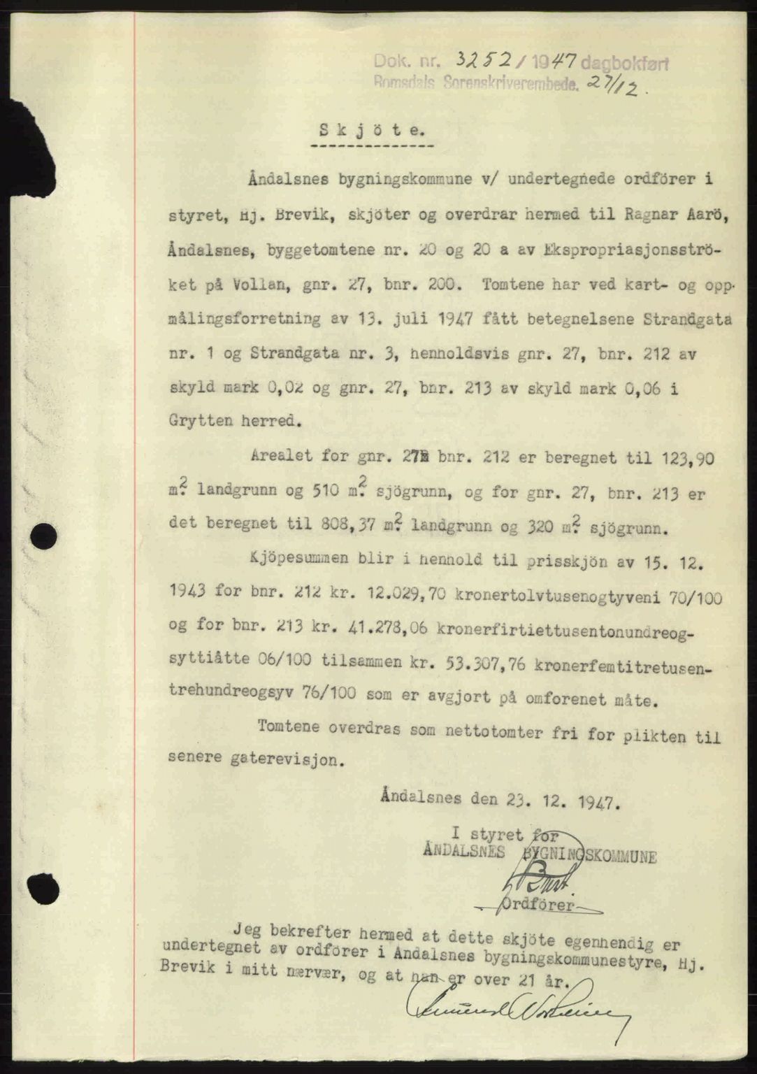 Romsdal sorenskriveri, SAT/A-4149/1/2/2C: Mortgage book no. A24, 1947-1947, Diary no: : 3252/1947