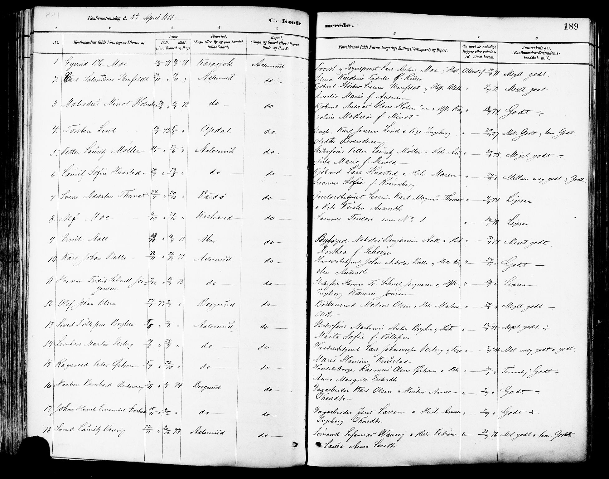 Ministerialprotokoller, klokkerbøker og fødselsregistre - Møre og Romsdal, AV/SAT-A-1454/529/L0455: Parish register (official) no. 529A05, 1885-1893, p. 189